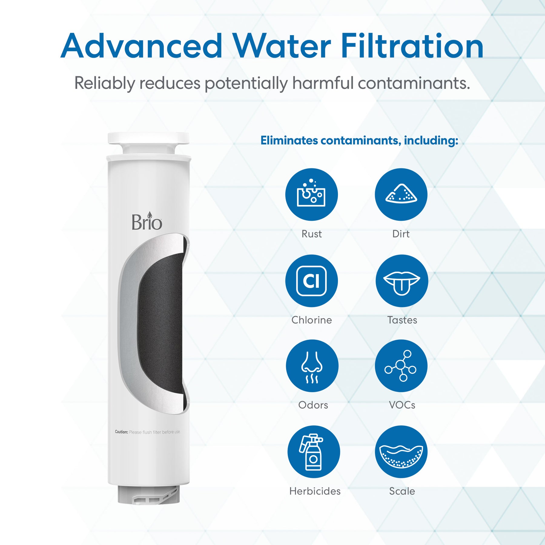 A Brio 2-in-1 PAC Filter - Q20 Dispenser stands left, while icons on the right show it removes rust, dirt, chlorine, tastes, odors, VOCs, herbicides, and scale. The scene features a blue and white geometric background.