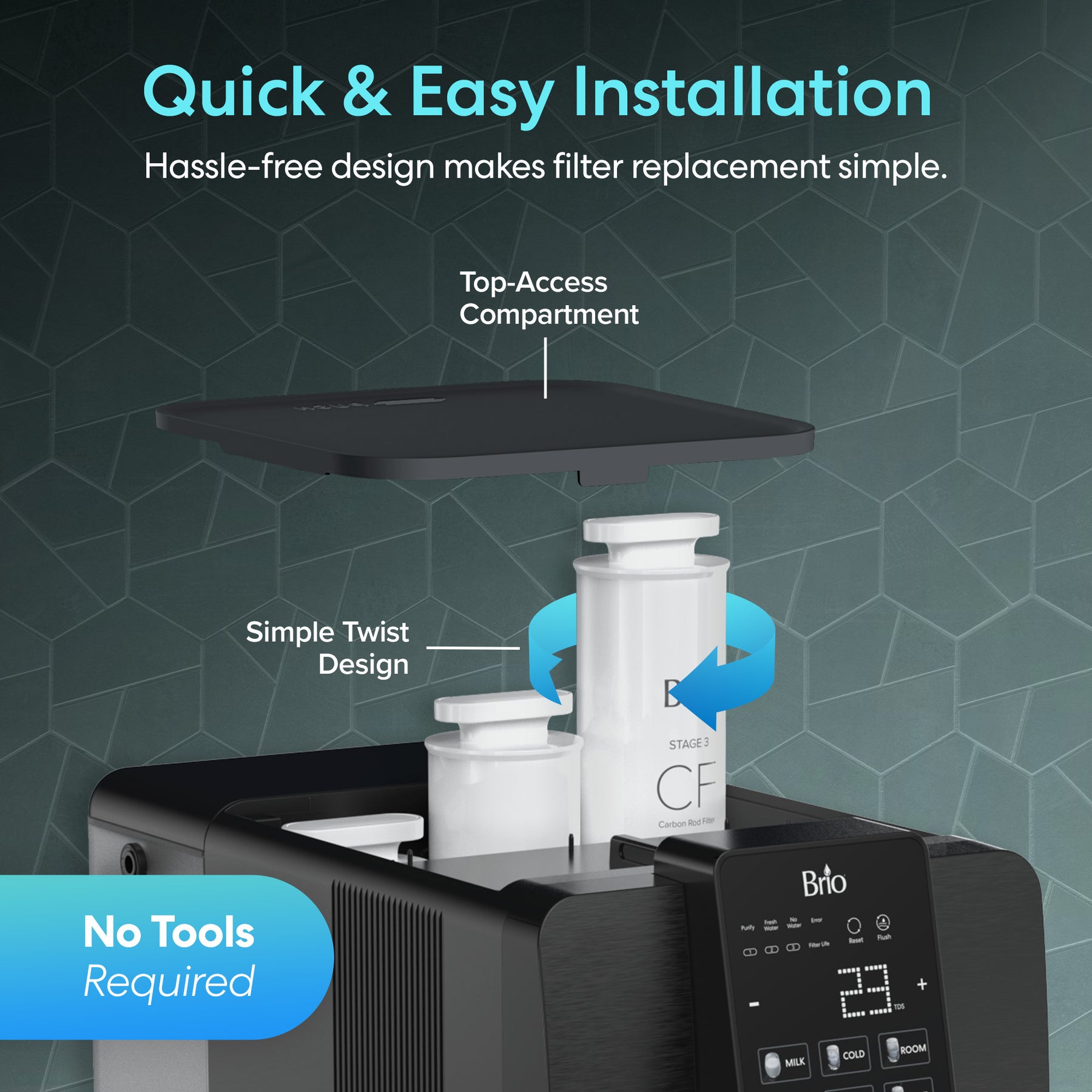 The Brio 2-in-1 PAC Filter for the Q20 Dispenser features advanced dual-stage filtration, an easy twist-to-install design, and requires no tools. The top compartment opens to reveal two labeled composite filters: Stage 1 and Stage 2.