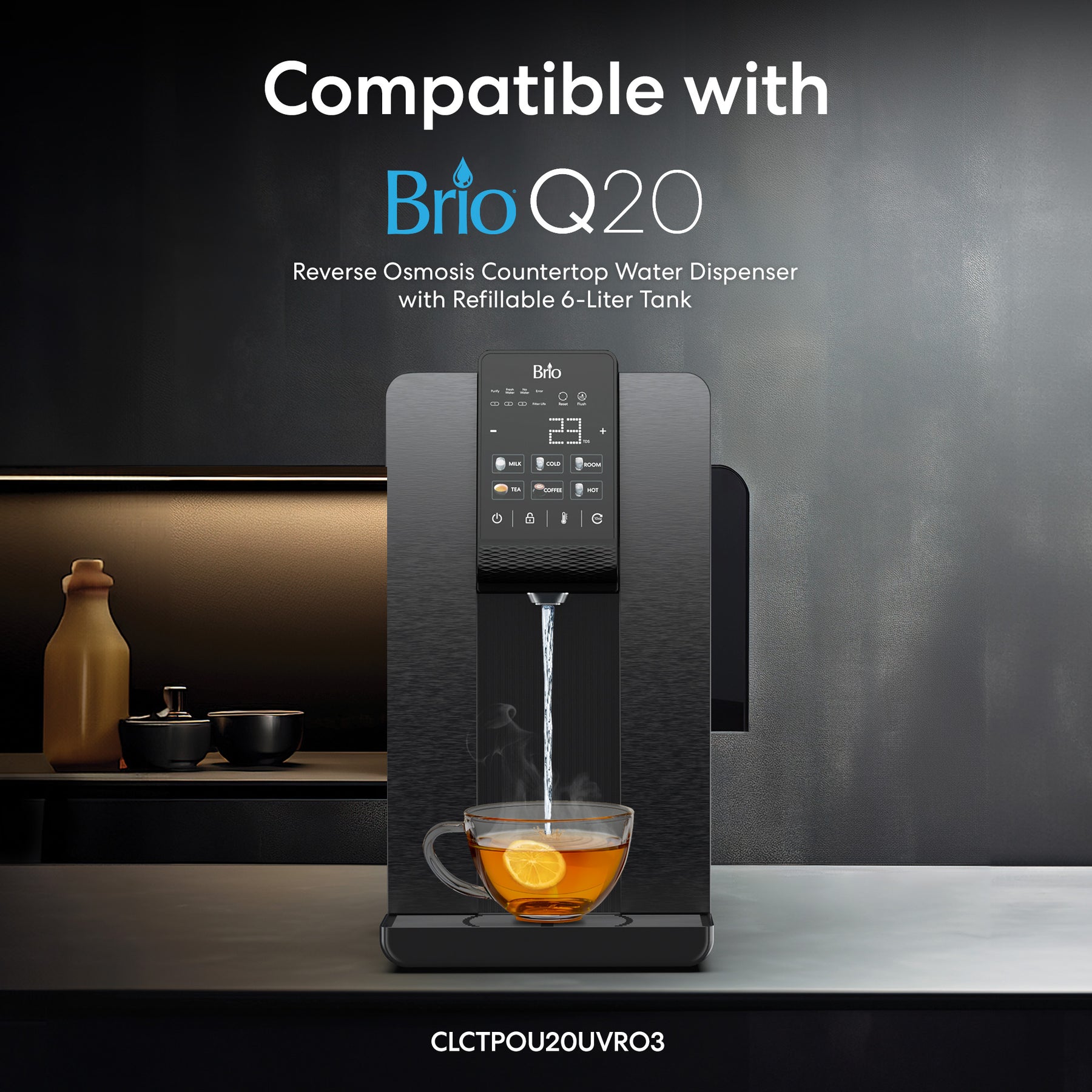 The Brio 2-in-1 PAC Filter - Q20 Dispenser features advanced filtration, a digital display, and a refillable 6-liter tank. It dispenses hot water for tea directly into your cup, highlighting its compatibility and user-friendly design.