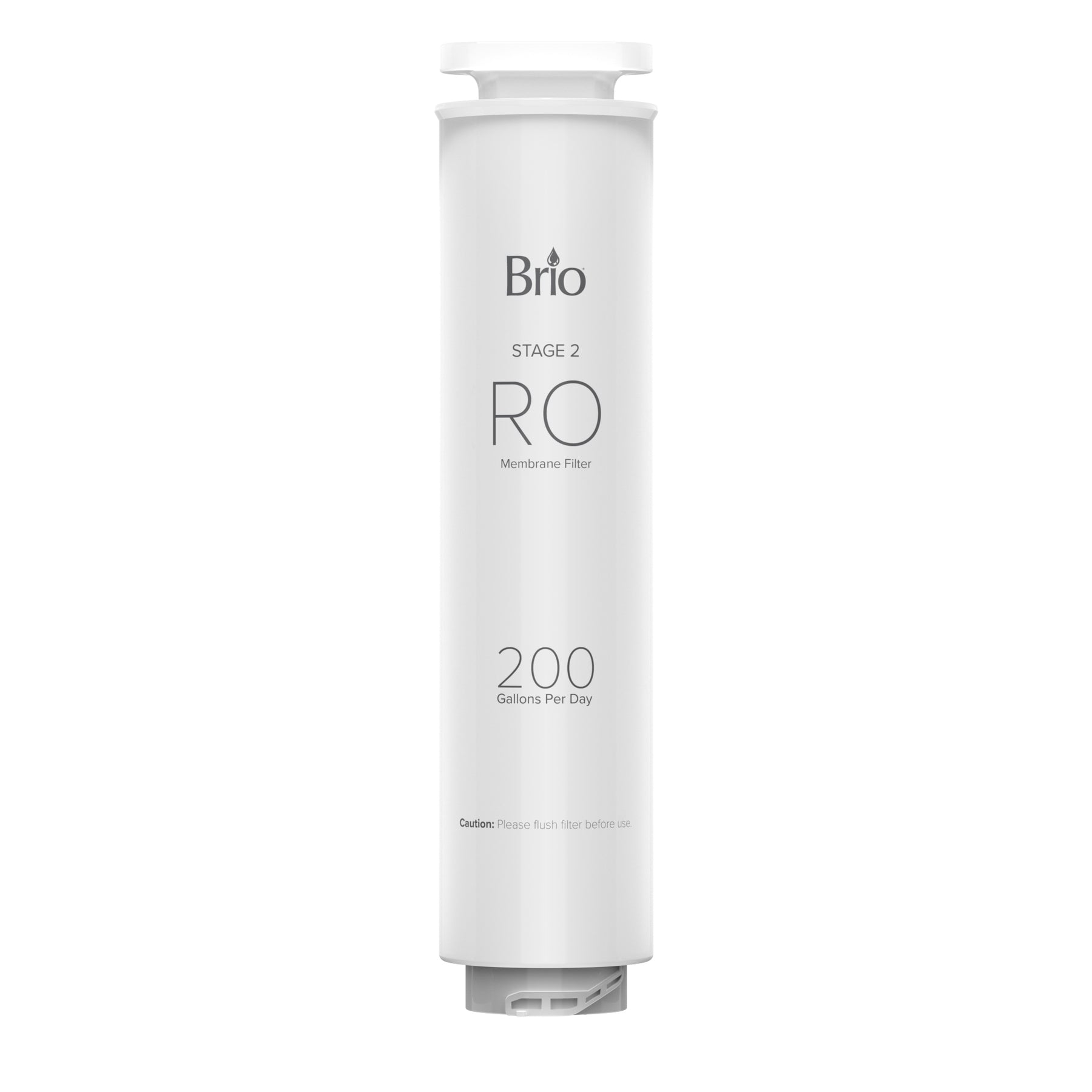 The Brio RO Membrane Filter 200GPD - Q20 Dispenser is a white cylindrical filter for advanced water filtration and contaminant reduction, labeled 200 gallons per day. Flush the filter before use.