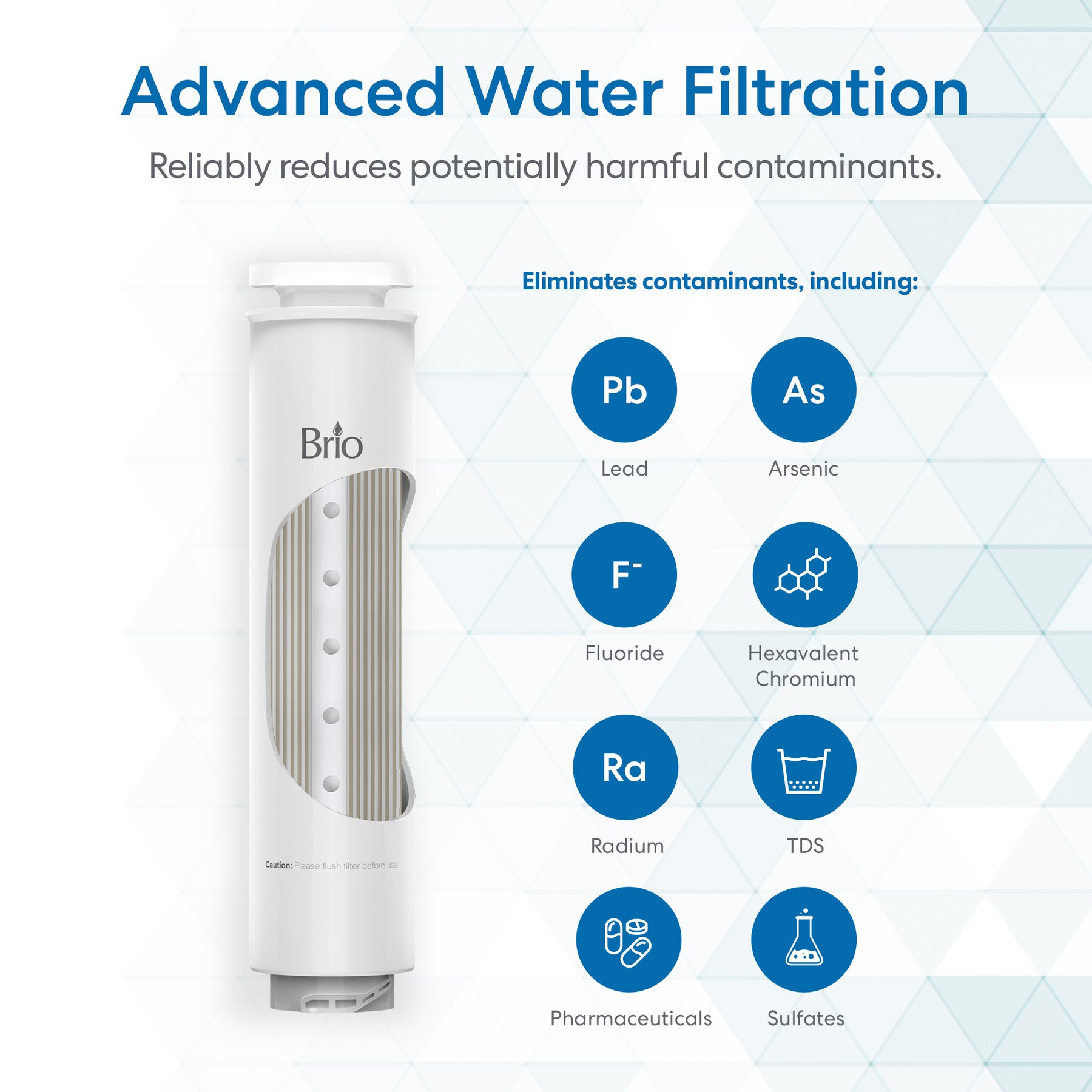 The Brio RO Membrane Filter 200GPD - Q20 Dispenser is shown beside icons for lead, arsenic, fluoride, hexavalent chromium, radium, TDS, pharmaceuticals, and sulfates removal. Text emphasizes advanced filtration and contaminant reduction.