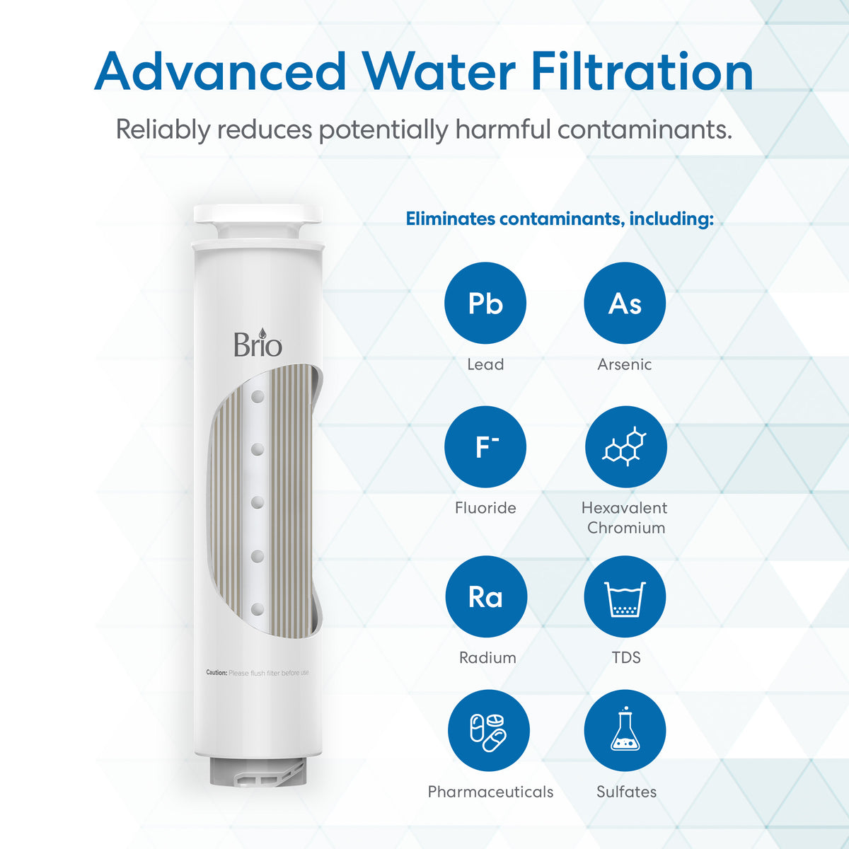 The RO Membrane Filter 200GPD - Q20 Dispenser is pictured with icons and text highlighting its reduction of lead, arsenic, fluoride, hexavalent chromium, radium, TDS, pharmaceuticals, and sulfates.