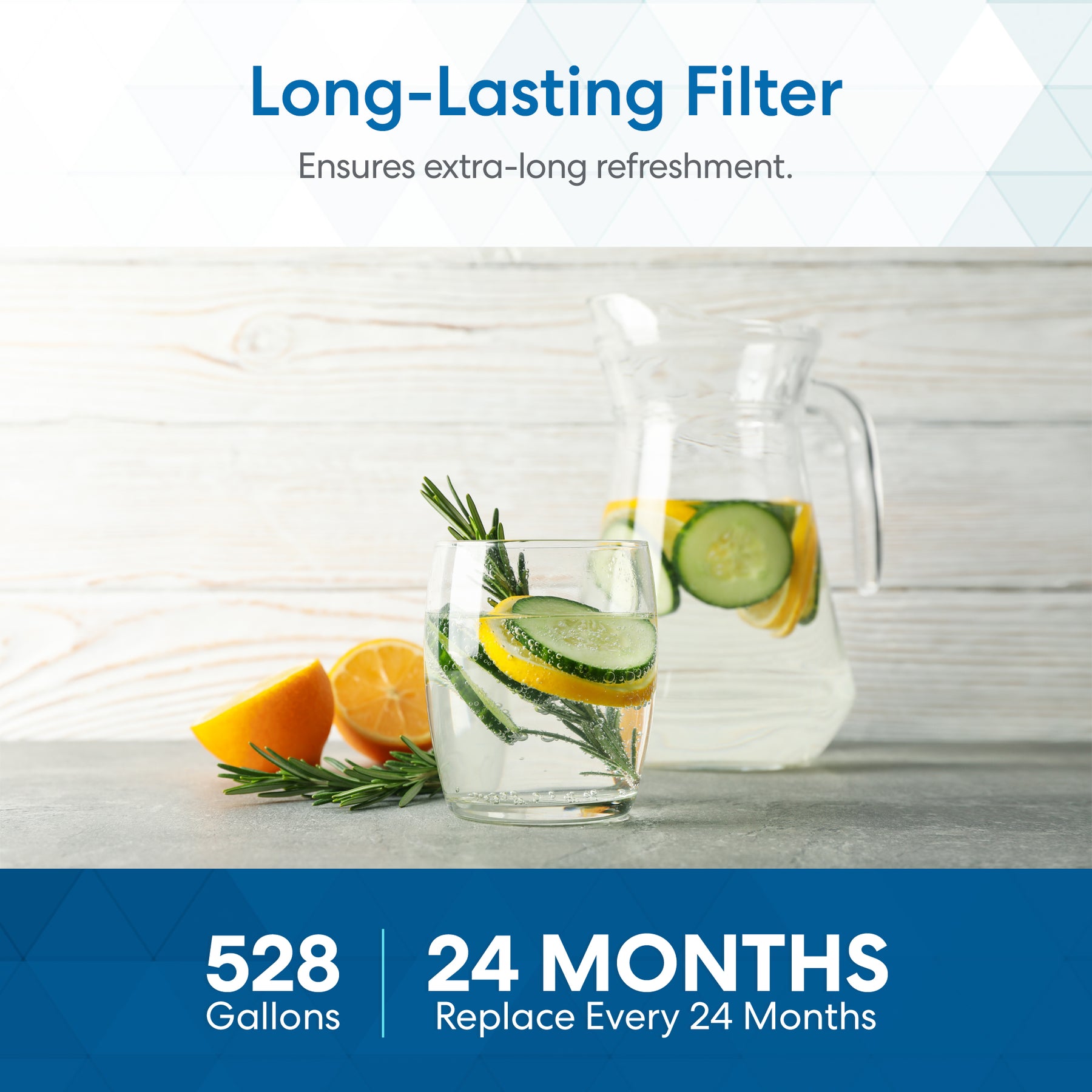 A glass and a pitcher sit on a table. Text reads: Brio RO Membrane Filter 200GPD - Q20 Dispenser, filters up to 528 gallons for up to 24 months. Replace every 24 months for optimal contaminant reduction.