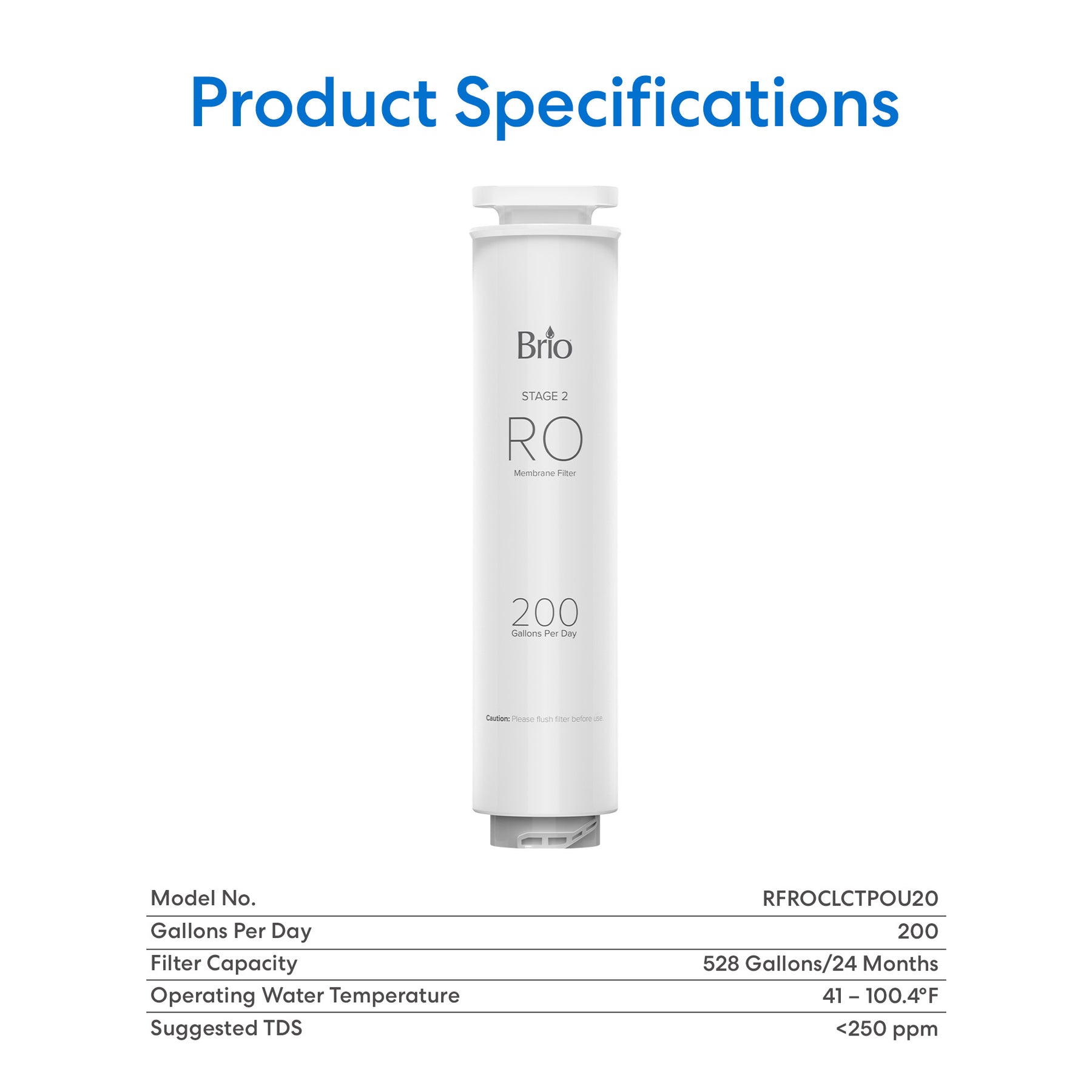 A white Brio RO Membrane Filter 200GPD - Q20 Dispenser is shown with the heading Product Specifications. Details: model RFFROCLCTPOU20, 200 GPD, 528 gal/24 months, 41–100.4°F, TDS <250 ppm for effective water filtration.
