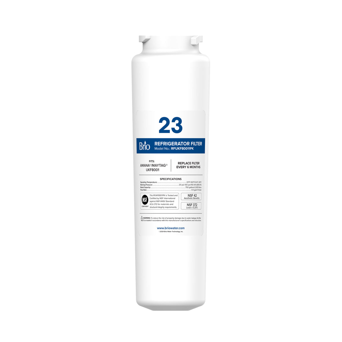 White cylindrical UKF8001 Refrigerator Filter – Amana® Maytag® UKF8001 with product details and replacement instructions on the front. NSF-certified coconut shell carbon block ensures safe, effective filtration. Model number labeled clearly.