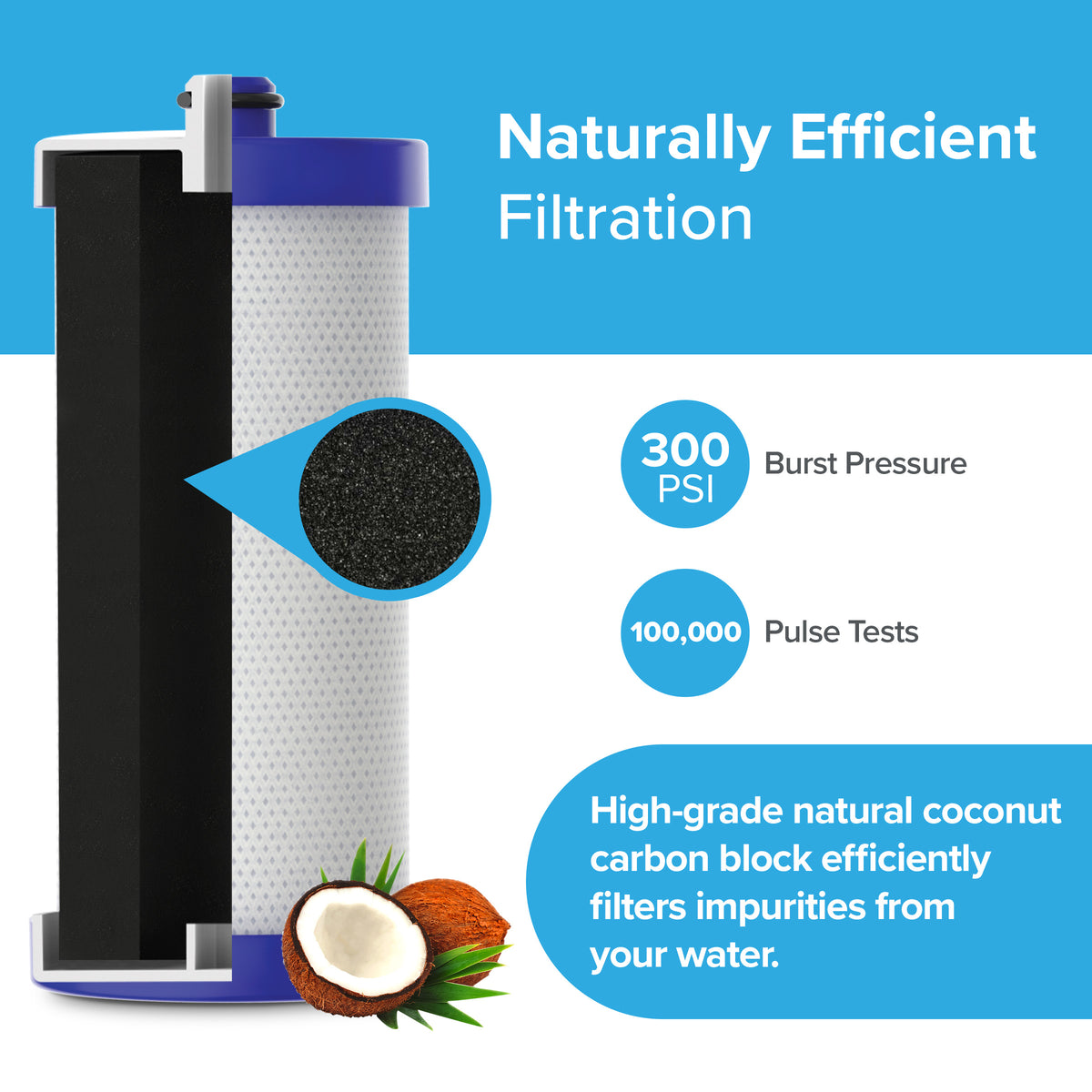 The WF1CB Refrigerator Filter features a close-up of its carbon block core and coconut, highlighting naturally efficient filtration with NSF-certified coconut shell carbon, 300 PSI burst pressure, and 100,000 pulse tests for pure water.