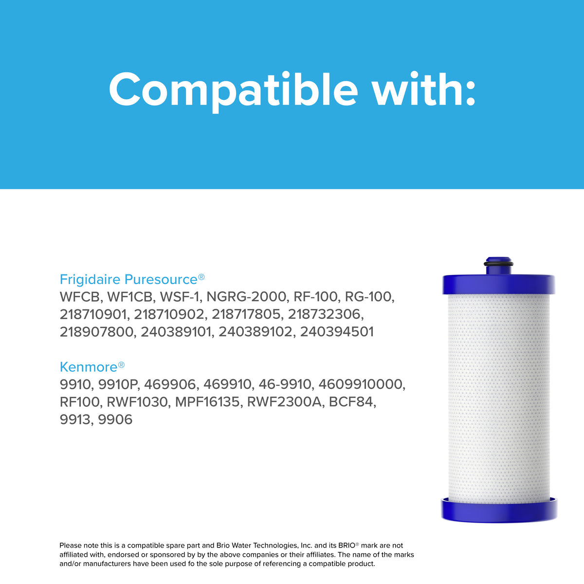 The WF1CB Refrigerator Filter, NSF-certified with premium coconut shell carbon, is compatible with Frigidaire PureSource WF1CB, WFCB, NGRG2000, WF284, and Kenmore 9910 models. Displayed on a blue and white background.