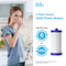 A woman drinks water in a kitchen. Text reads: “WF1CB Refrigerator Filter—Frigidaire PureSource & Kenmore Compatible. One NSF-certified filter saves 3200 plastic bottles, lasting 6 months or 400 gallons.” Image of the filter on the right.