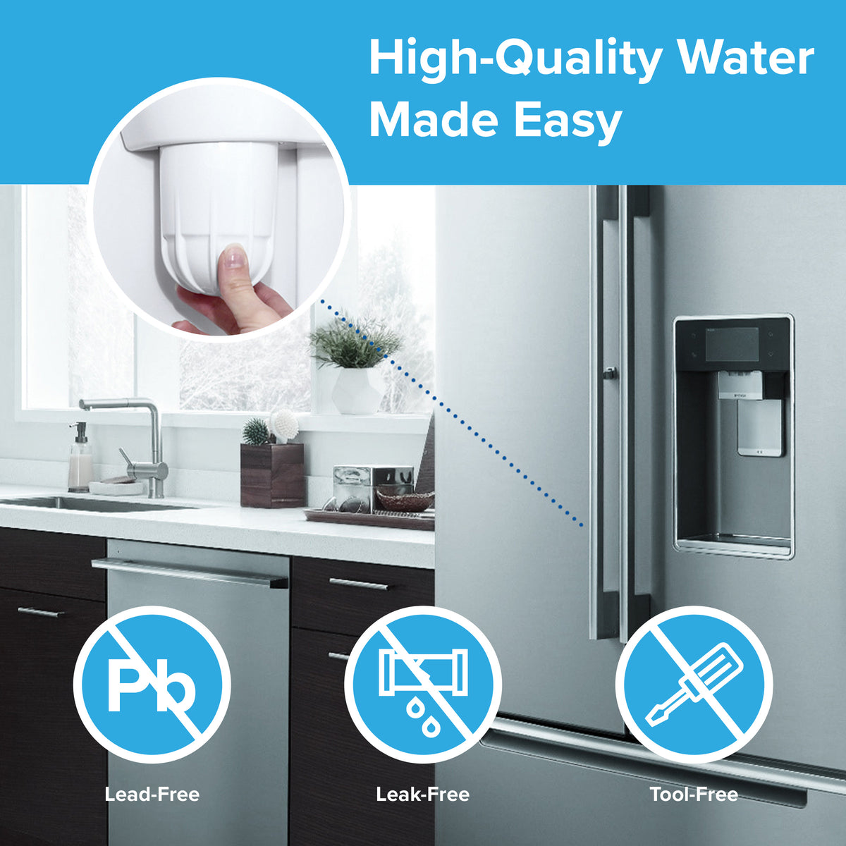 A hand inserts the NSF-certified WF1CB Refrigerator Filter—compatible with Frigidaire PureSource and Kenmore 9910—into a fridge. Text: High-Quality Water Made Easy. Icons: lead-free, leak-free, tool-free. A modern kitchen is shown.
