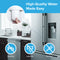 A hand inserts the NSF-certified WF1CB Refrigerator Filter—compatible with Frigidaire PureSource and Kenmore 9910—into a fridge. Text: High-Quality Water Made Easy. Icons: lead-free, leak-free, tool-free. A modern kitchen is shown.