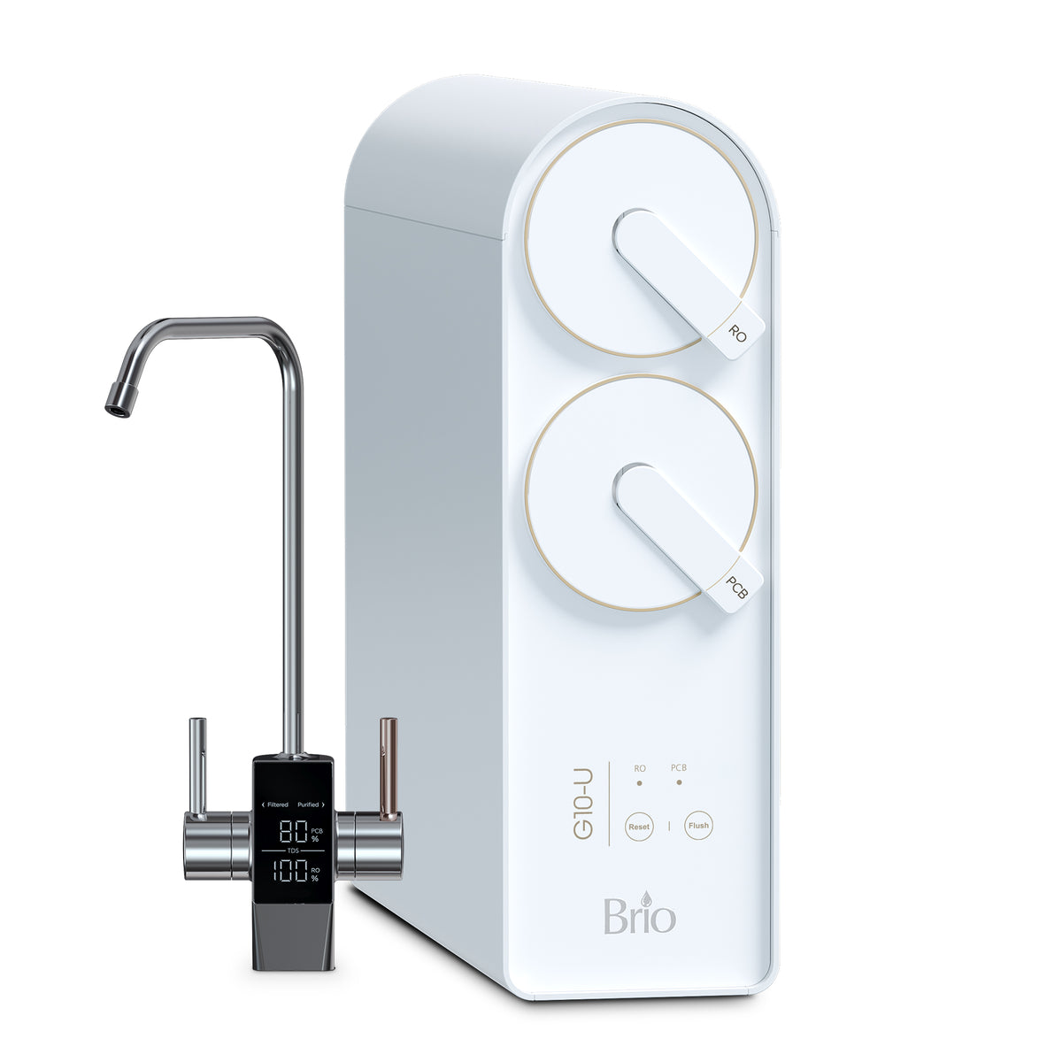 The G10 Series White Reverse Osmosis Undersink Filtration System features two circular dials, a detachable faucet with digital temperature display, and an integrated TDS meter for precise water quality monitoring.