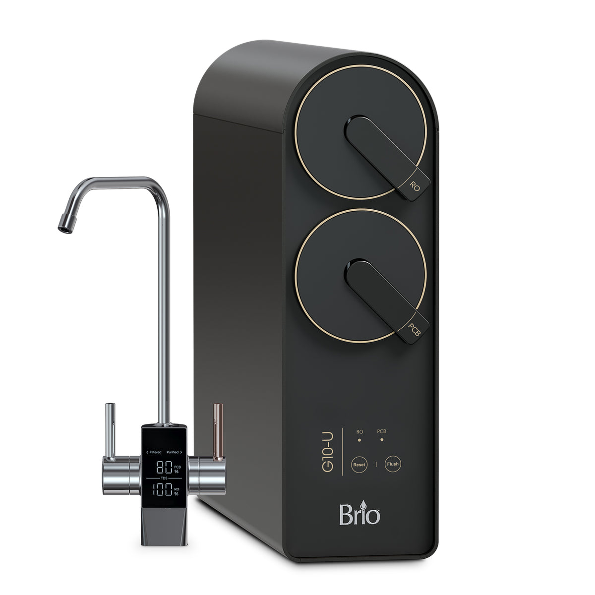 The G10 Series Black Reverse Osmosis Undersink Filtration System features a modern chrome faucet, two large filter dials, and a digital TDS meter in a sleek design.