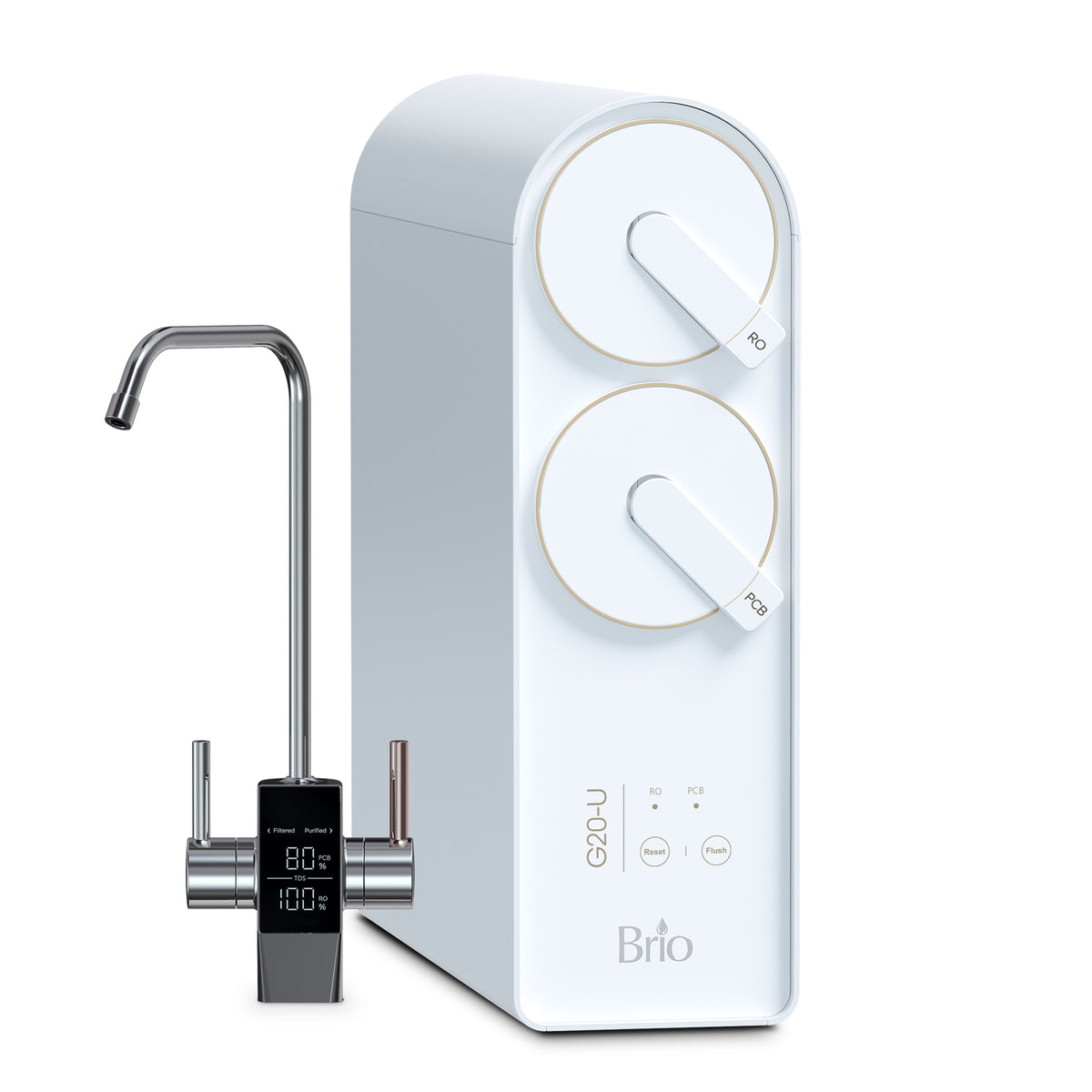 The G20 Series White Reverse Osmosis Undersink Filtration System features dual dials, a digital temperature display, and a sleek faucet attachment. Its white design with gold-accented controls is labeled for both reverse osmosis water filter and PCB functions, providing superior contaminant reduction for cleaner, healthier water.