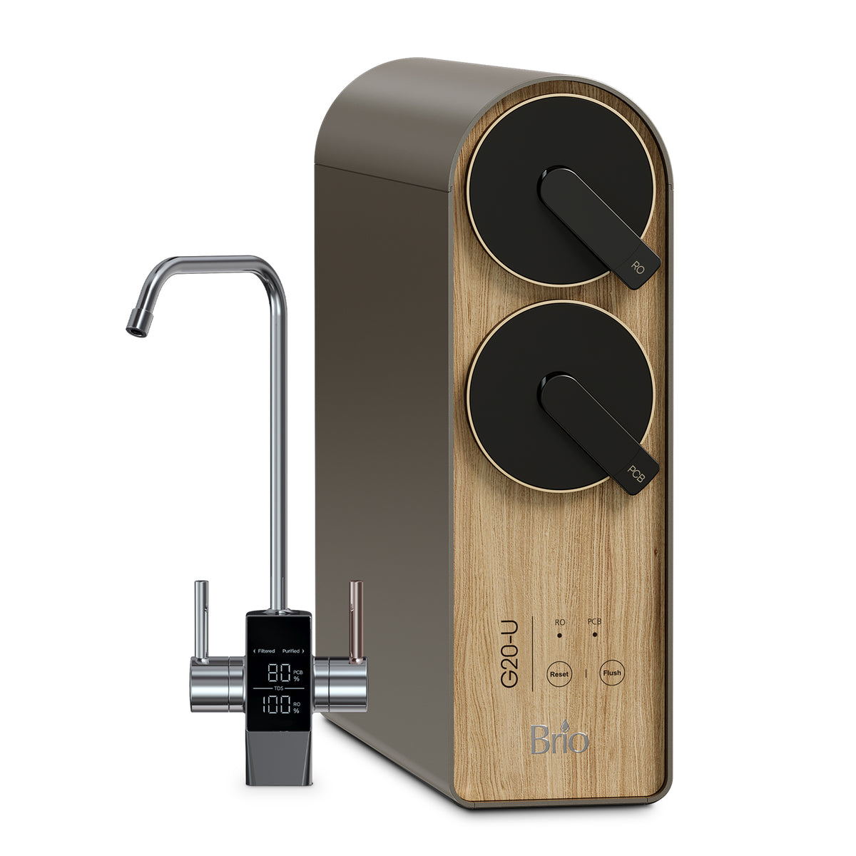 The Reverse Osmosis Undersink Filtration System - G20 Series Natural features a wood-grain front, two black dials, a digital faucet with 80°C and 100°C display, and "Brio" branding, delivering superior contaminant reduction.