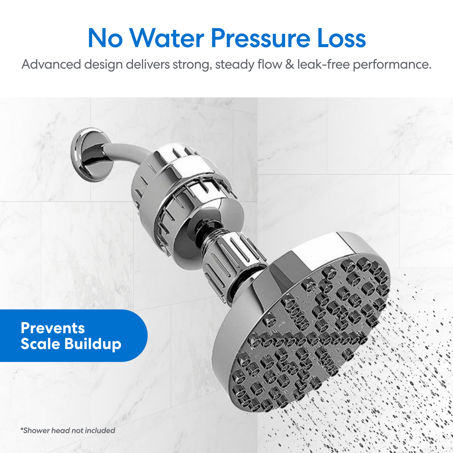 The 15 Stage Shower Filter Replacement Cartridge attaches to your shower arm and sprays filtered water. Text highlights “No Water Pressure Loss” and “Prevents Scale Buildup.” Enjoy advanced purification in your white tiled bathroom every shower.