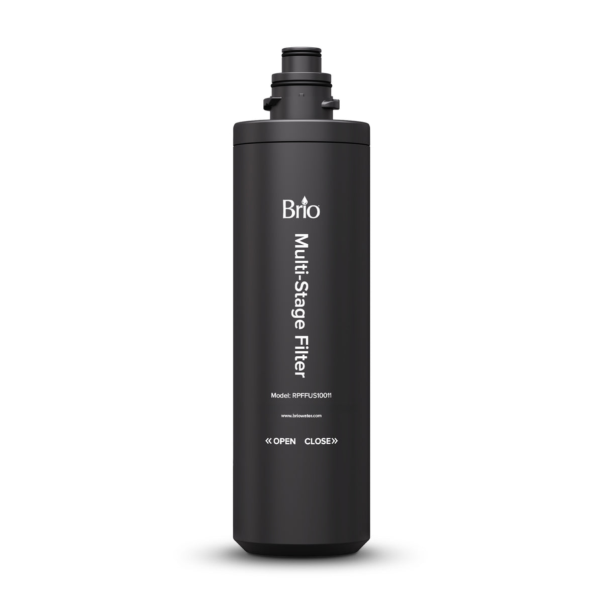 A black cylindrical 11" High Capacity All-in-One Under Sink Replacement Filter cartridge, designed for use in undersink filtration systems, stands upright with labeled instructions for opening and closing near the base. This activated carbon filter ensures effective water purification for your household needs.