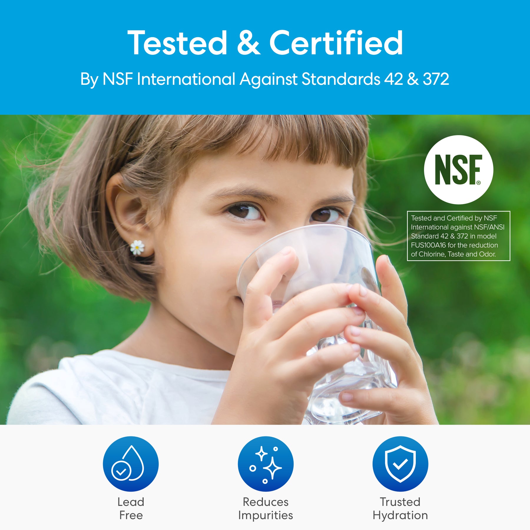 A young girl drinks water from a glass outdoors. Text above reads "Brio 16" Multi-Stage Replacement Filter Tested & Certified by NSF International Against Standards 42 & 372." Icons highlight trusted hydration, lead-free design, and advanced activated carbon filtration.