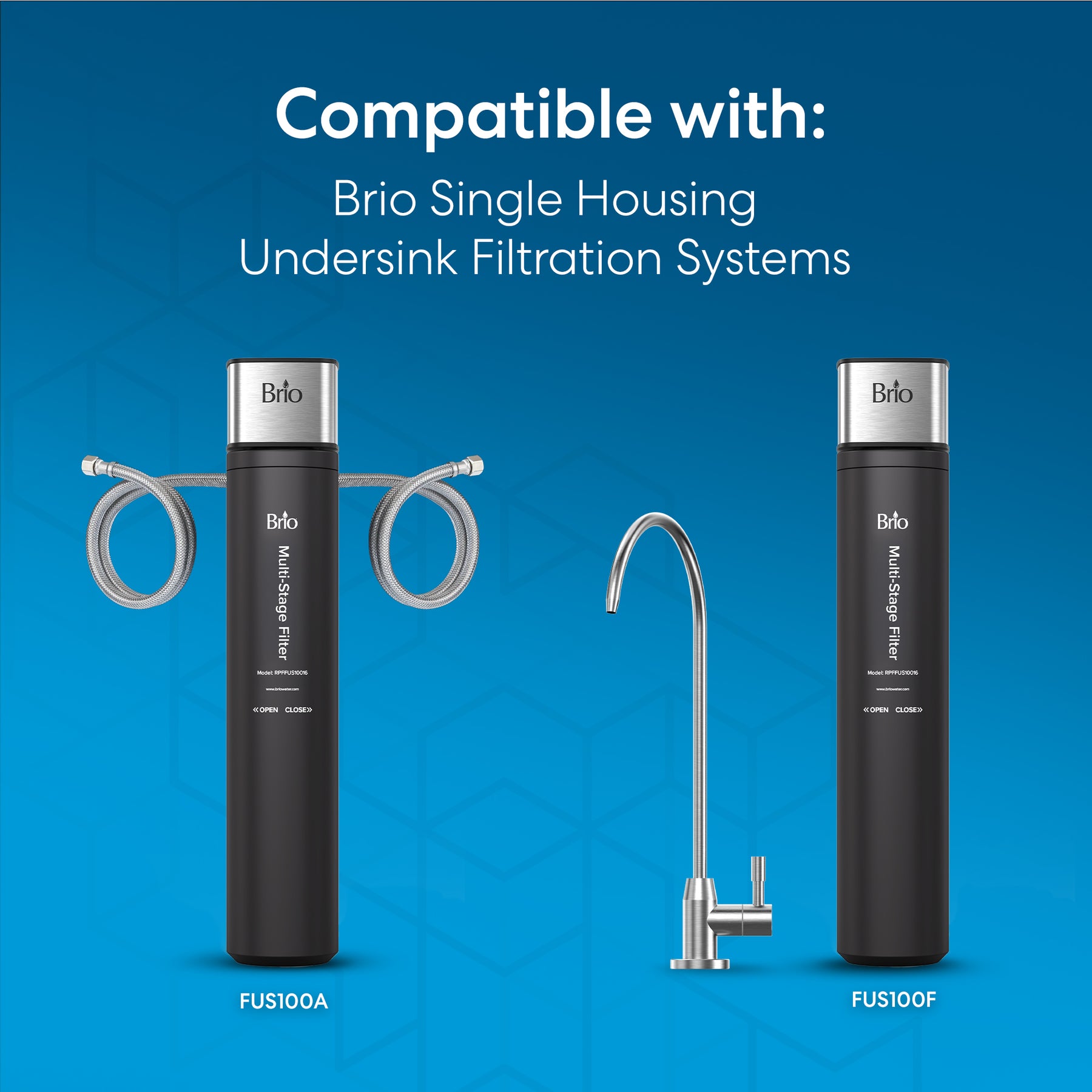 Two Brio 16" Multi-Stage Replacement Filters are shown with hoses and a faucet against a blue geometric background. Text: Compatible with Brio Single Housing Undersink Filtration Systems.