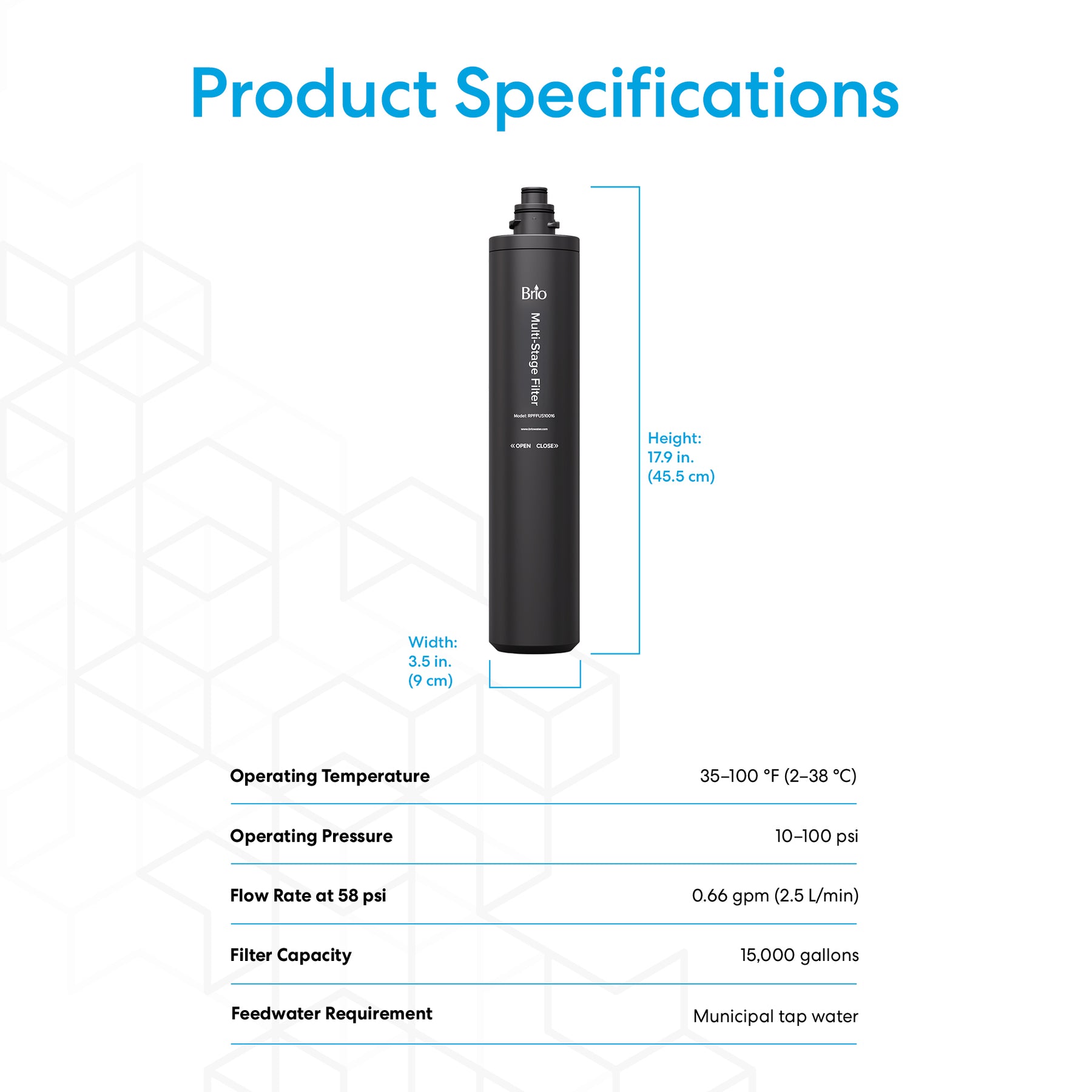 The Brio 16" Multi-Stage Replacement Filter is a black cylinder with white text, designed for advanced undersink filtration.