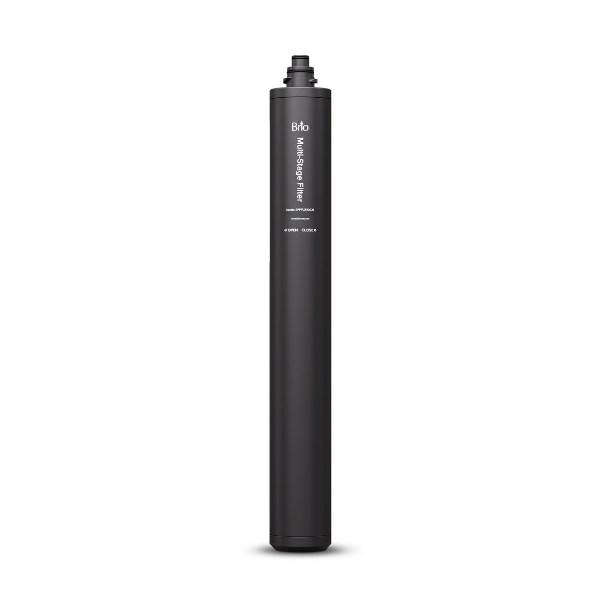 A black cylindrical 26" High Capacity All-in-One Under Sink Replacement Filter stands upright on a white background, highlighting its minimalist design and top labeling. Perfect as a replacement for Brio 26" filters, this cartridge is ideal for under sink filtration systems, delivering efficient multi-stage water purification for your home.