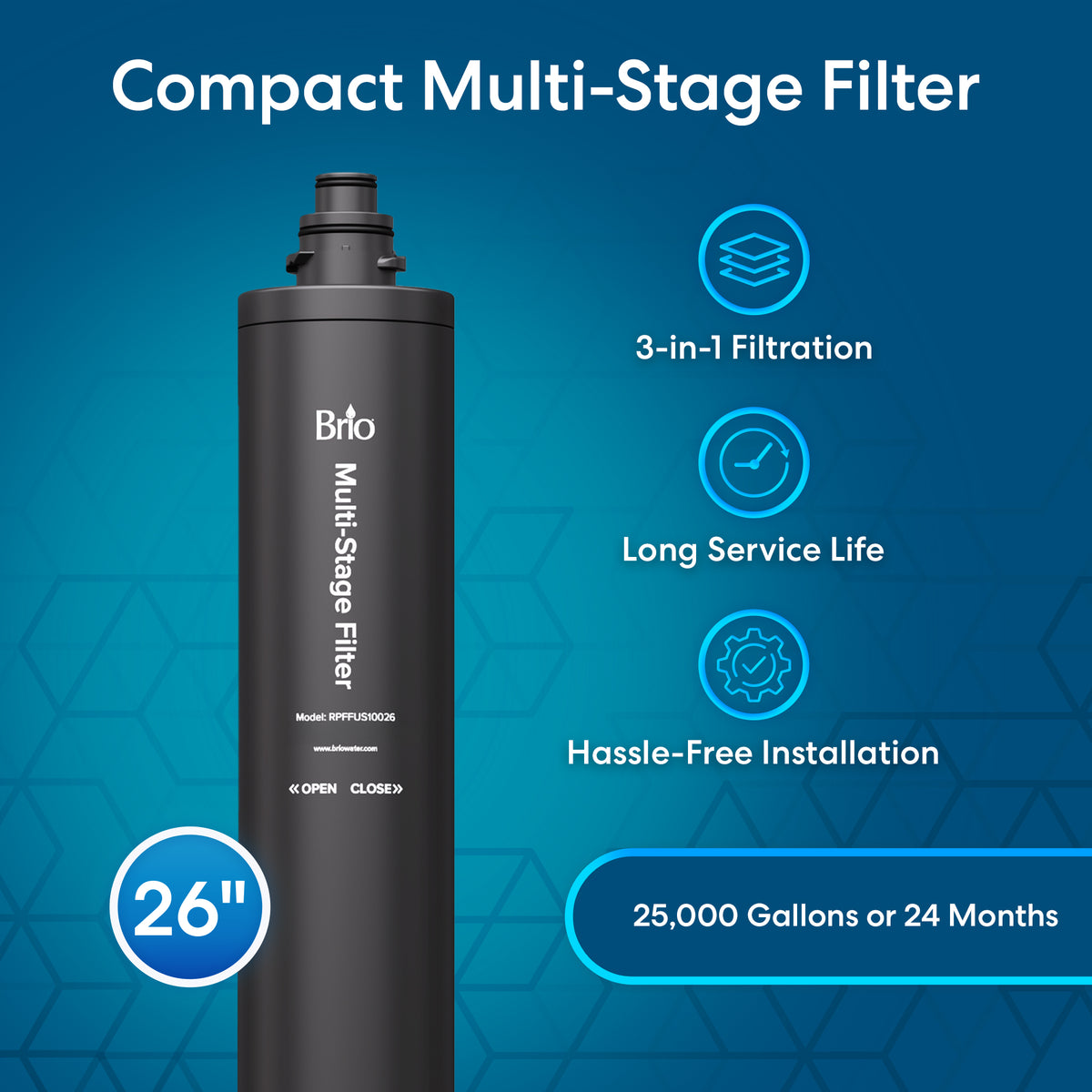 A tall black 26" High Capacity All-in-One Under Sink Replacement Filter is showcased, engineered for your undersink system and highlighted with text and icons illustrating advanced 3-in-1 multi-stage water filtration, extended service life, easy installation, a substantial 26-inch size, and the ability to filter up to 25,000 gallons or last for 24 months—all set against a blue geometric background.