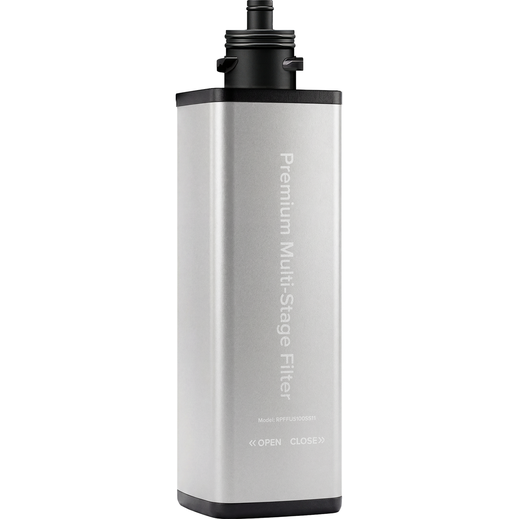 The Brio 11 inch premium replacement filter with a stainless steel case with white writing Premium Multi Stage Filter on a white background.