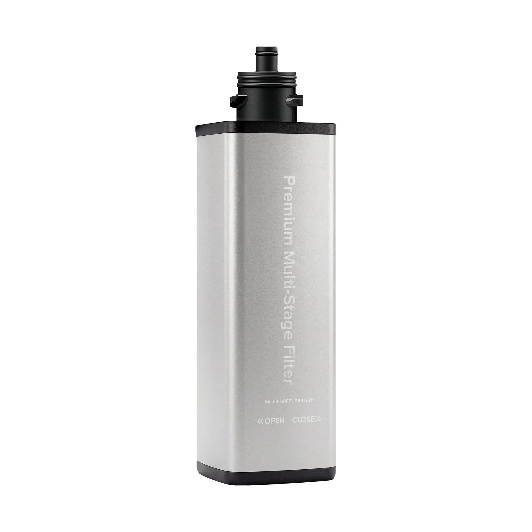 Rectangular, silver 11″ Premium Under Sink Filter - 825 Gallon Capacity cartridge with black top and base, featuring “Premium Multi-Stage Filter” text vertically on the front—this NSF 53 certified under sink water filter is shown against a plain white background.