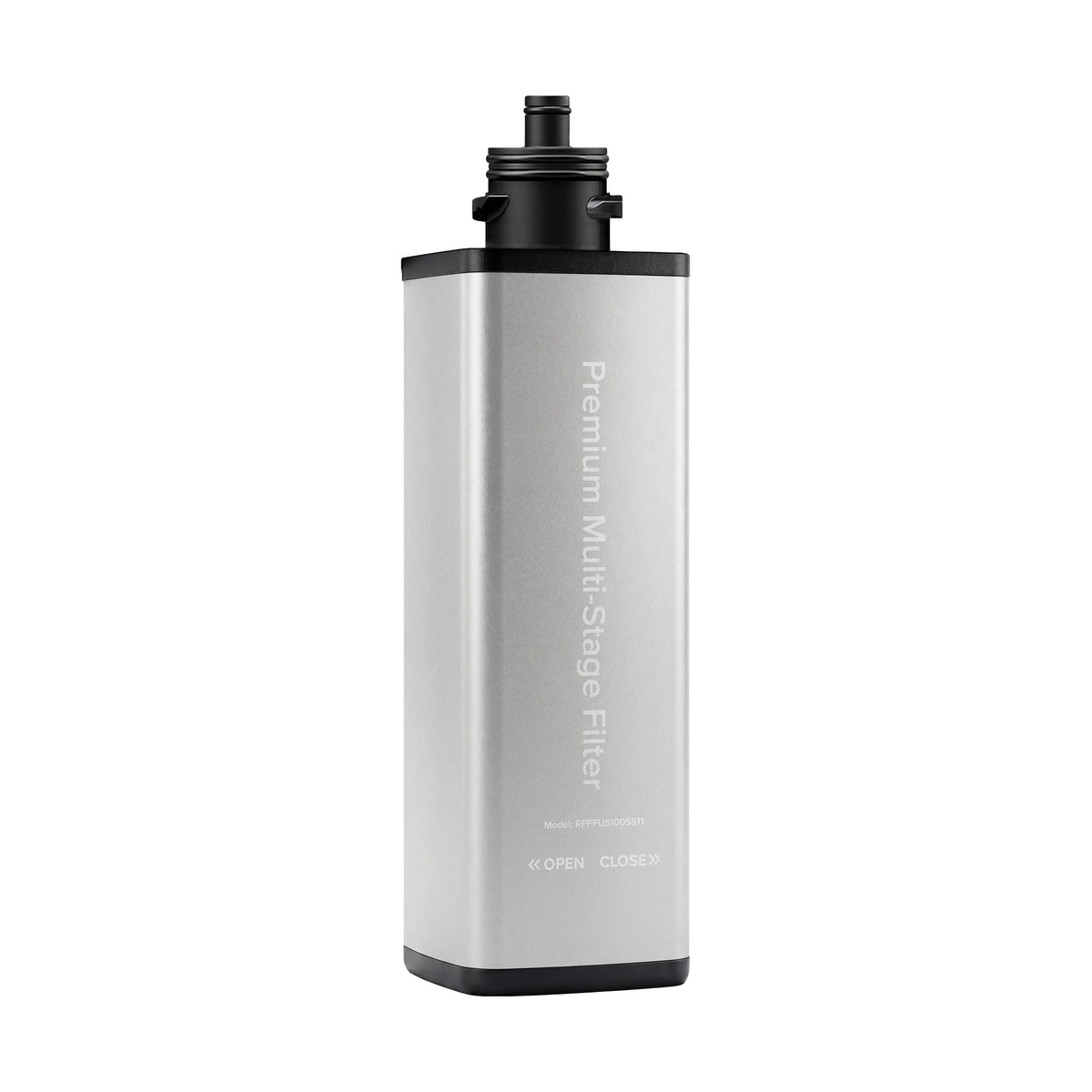 Rectangular, silver 11″ Premium Under Sink Filter - 825 Gallon Capacity cartridge with black top and base, featuring “Premium Multi-Stage Filter” text vertically on the front—this NSF 53 certified under sink water filter is shown against a plain white background.