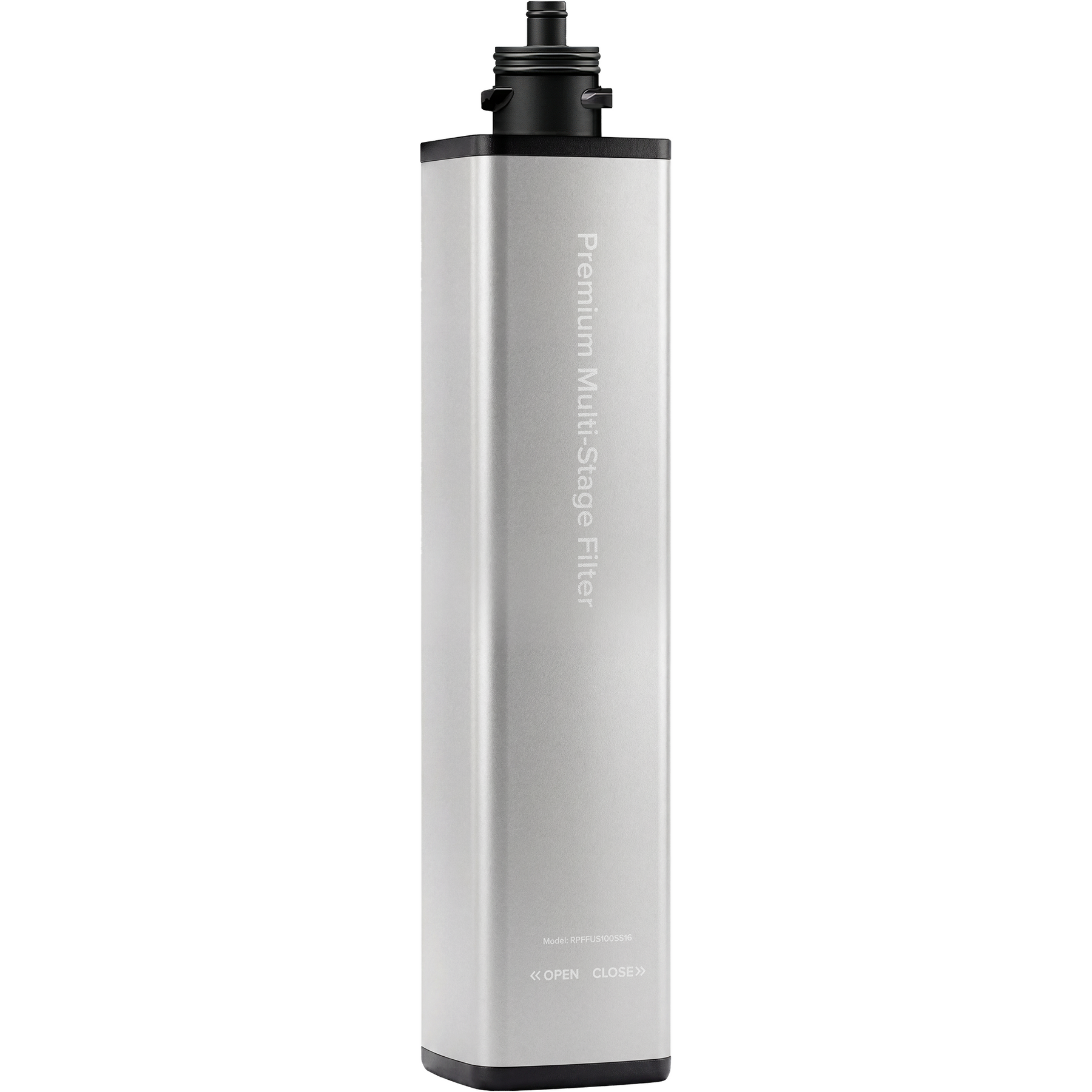 The Brio 16" premium under sink replacement filter with a stainless steel case,  with white text Premium Multi Stage Filter on a white background.