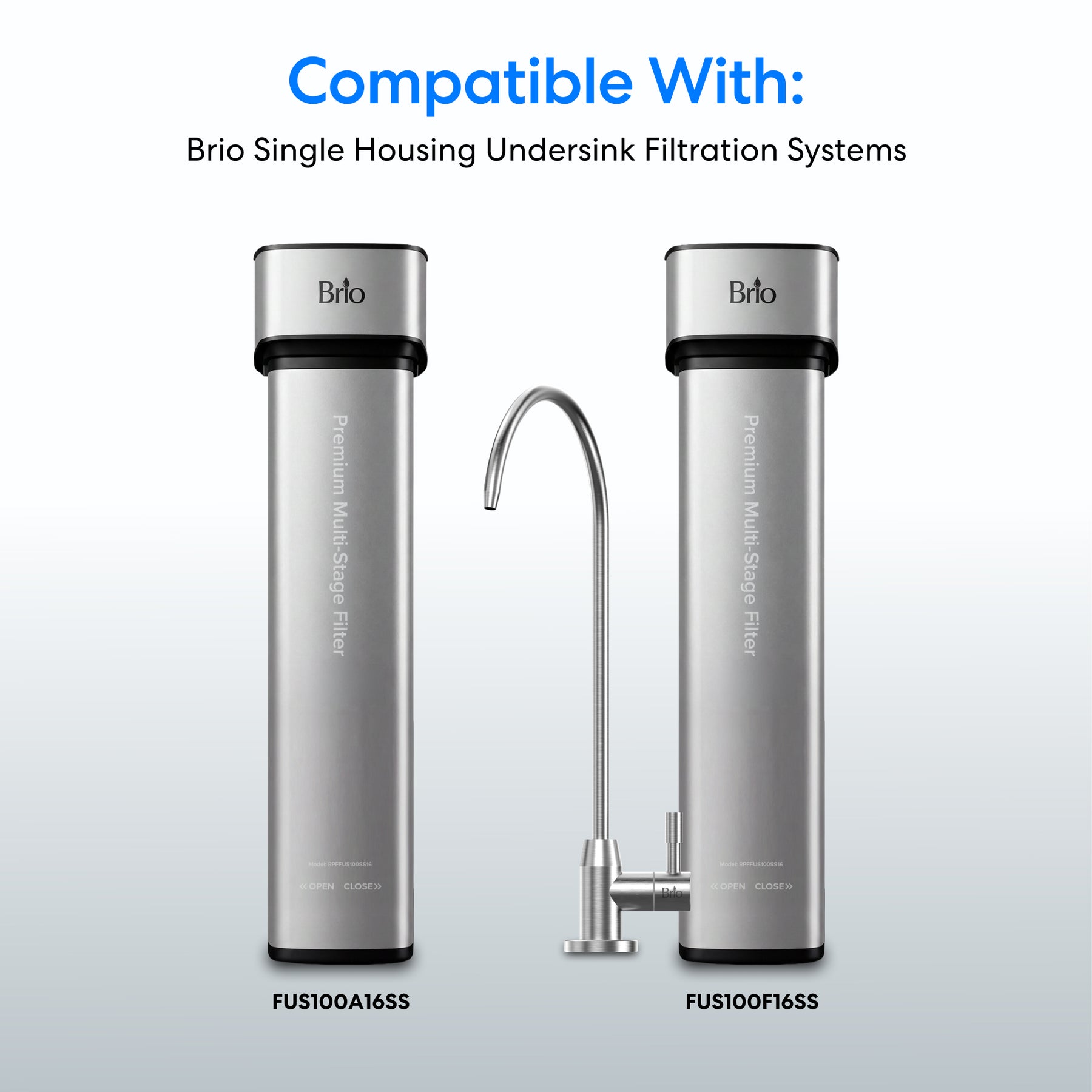 Two 16" Premium Under Sink Filter units (1200 gal. capacity) are shown side by side; the unit on the right includes a curved faucet. The text above states compatibility with Brio Single Housing Undersink Filtration Systems and highlights NSF 53 certified performance for effective PFAS reduction.