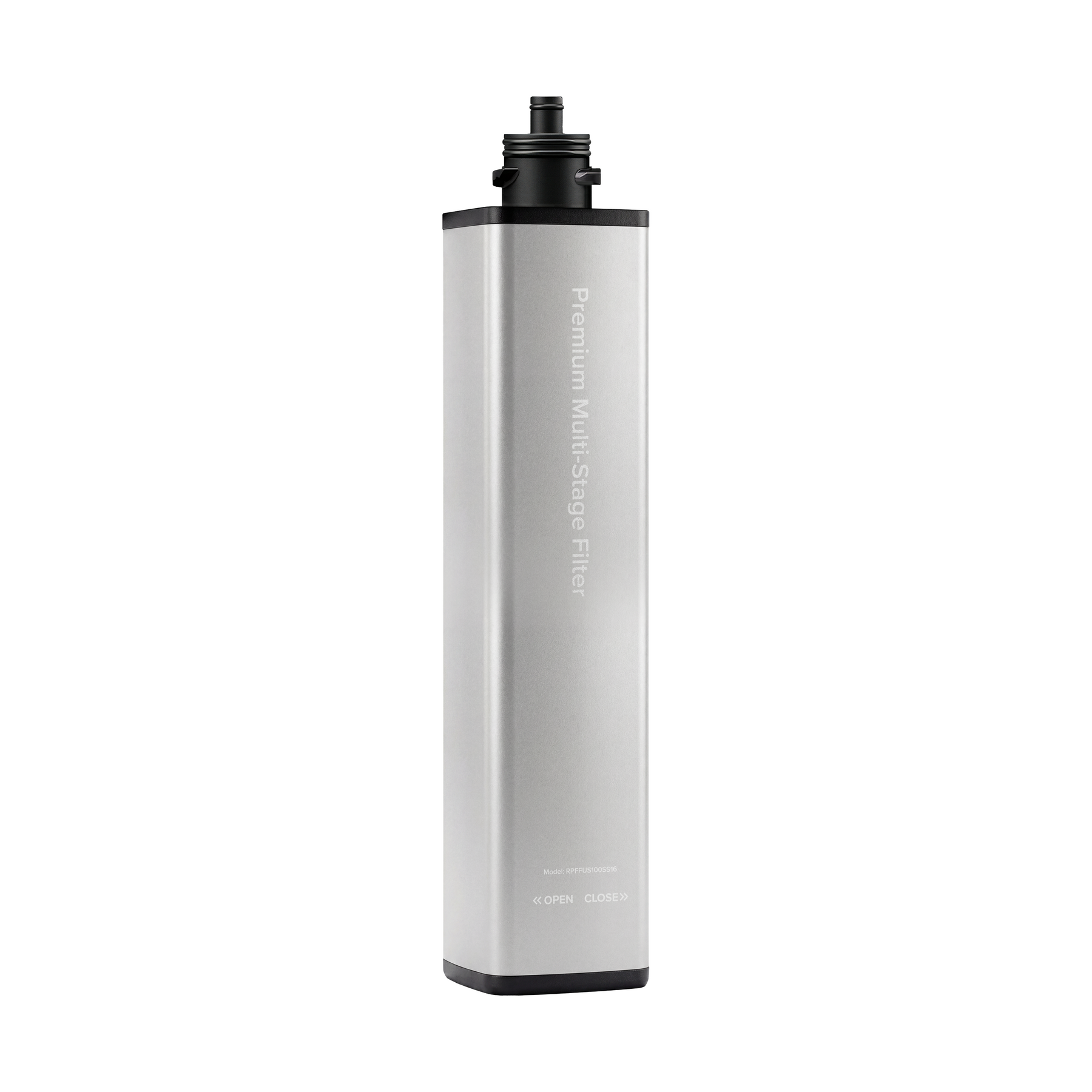 A rectangular, silver 16″ Premium Under Sink Filter - 1200 Gal. Capacity cartridge with a black top and bottom, labeled Premium Multi-Stage Filter, stands upright against a plain white background. NSF 53 certified for lead reduction.