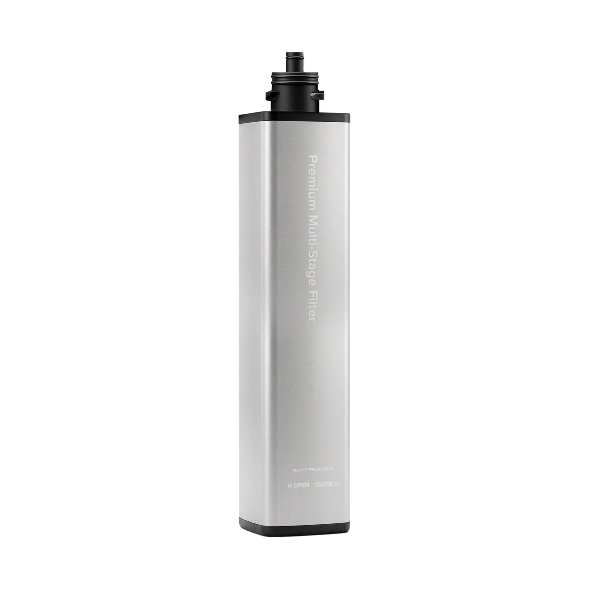 A rectangular, silver 16″ Premium Under Sink Filter - 1200 Gal. Capacity cartridge with a black top and bottom, labeled Premium Multi-Stage Filter, stands upright against a plain white background. NSF 53 certified for lead reduction.
