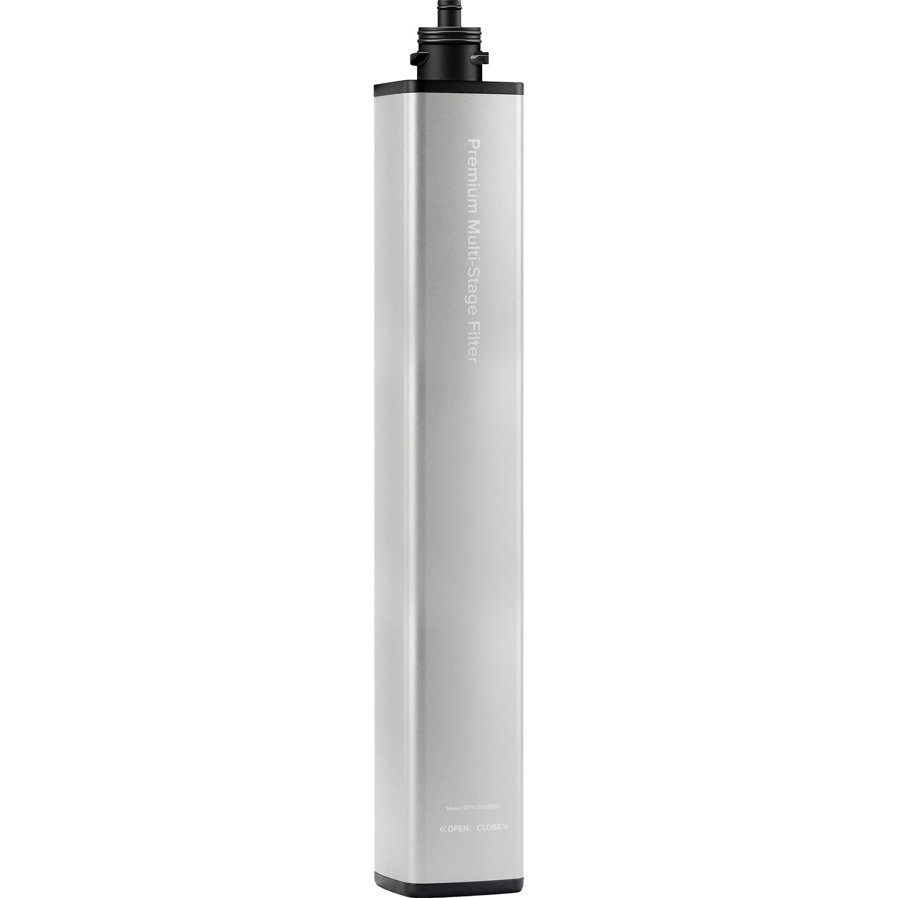 The Brio 22" premium under sink replacement filter with a stainless steel case,  with white text Premium Multi Stage Filter on a white background.
