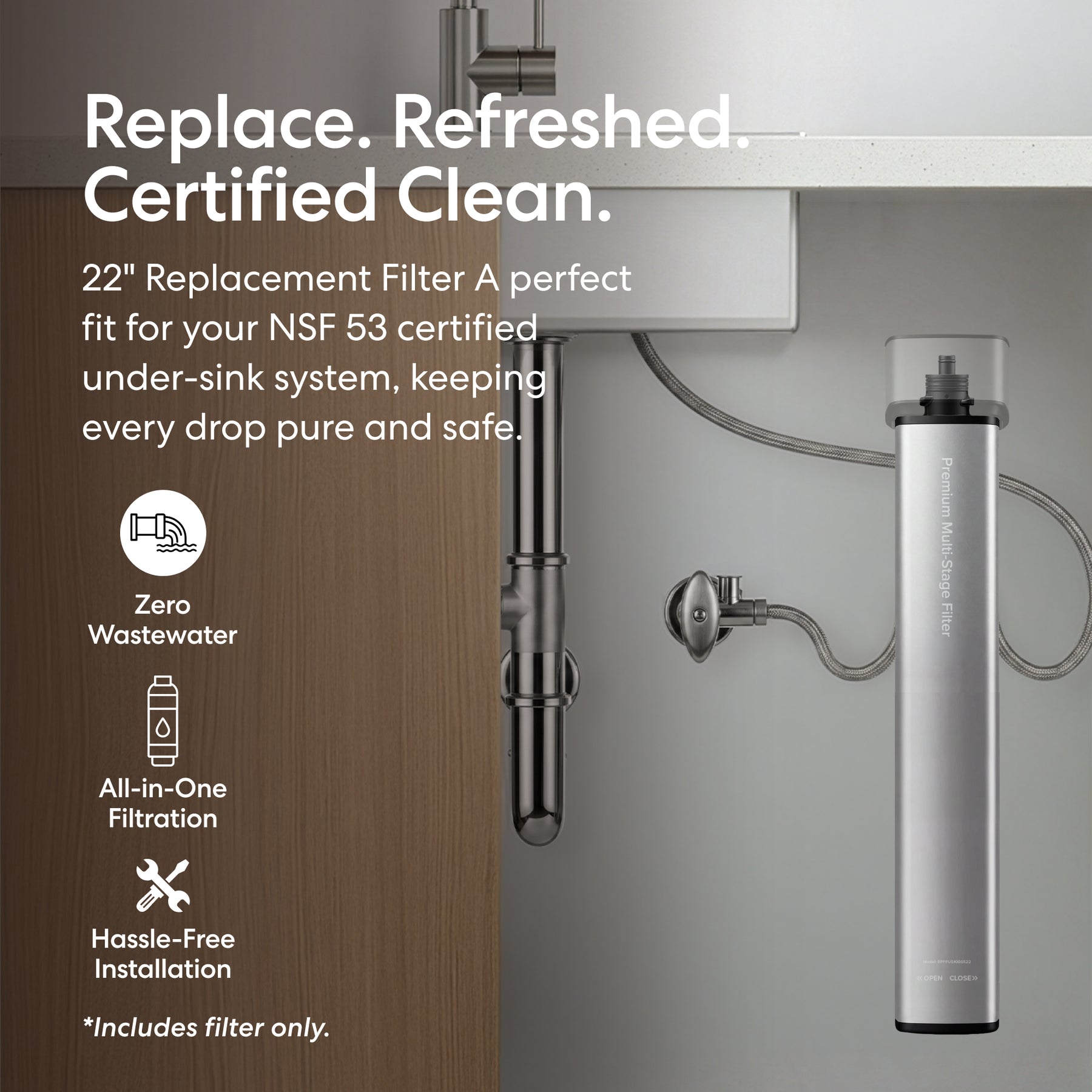A 22" Premium Under Sink Filter - 1650 Gal. Capacity is displayed installed beneath a kitchen sink. Text highlights its NSF 53 certification for lead reduction, zero wastewater production, all-in-one filtration system, and hassle-free installation. Icons and key features are listed on the left side of the image.
