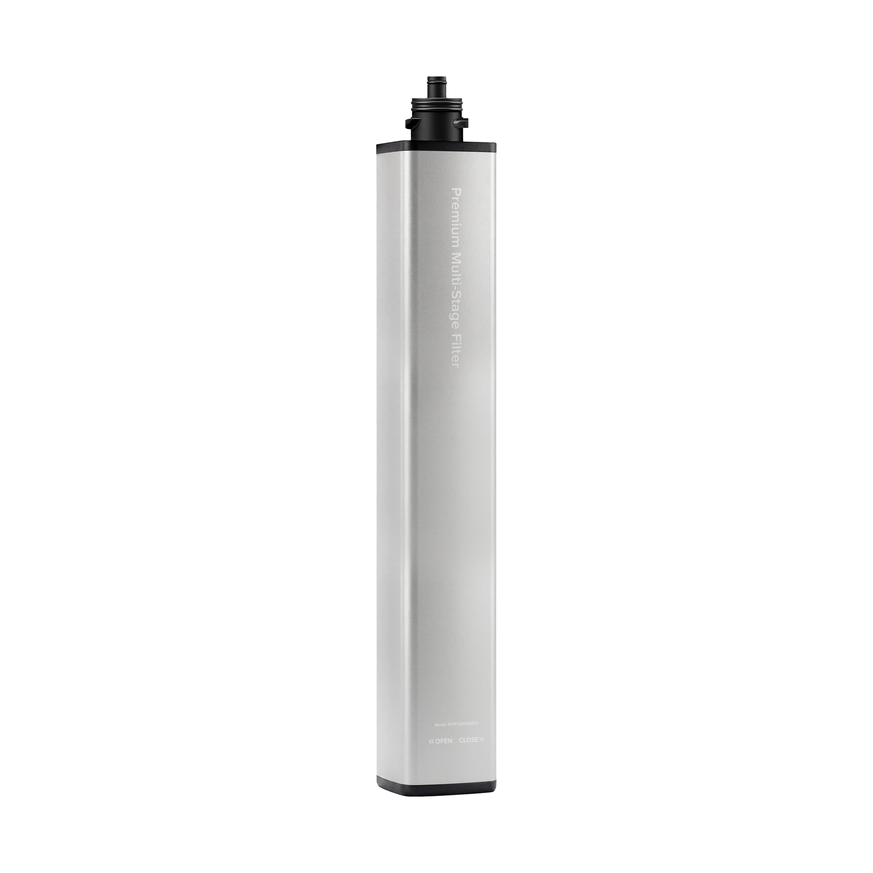 A tall, rectangular silver 22″ Premium Under Sink Filter with black end caps stands upright on a white background. Text on the side reads “Premium Multi-Stage Filter.” This NSF 53 Certified replacement filter, with a 1650-gallon capacity, is designed for effective PFAS reduction.