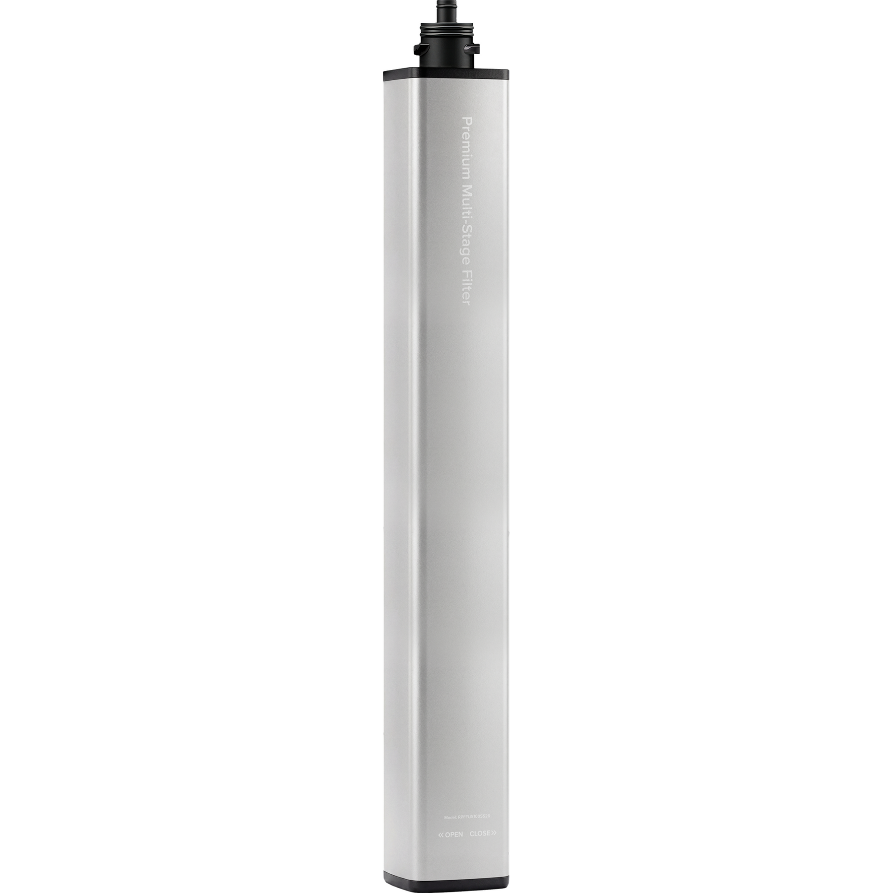 The Brio 26" premium under sink replacement filter with a stainless steel case,  with white text Premium Multi Stage Filter on a white background.