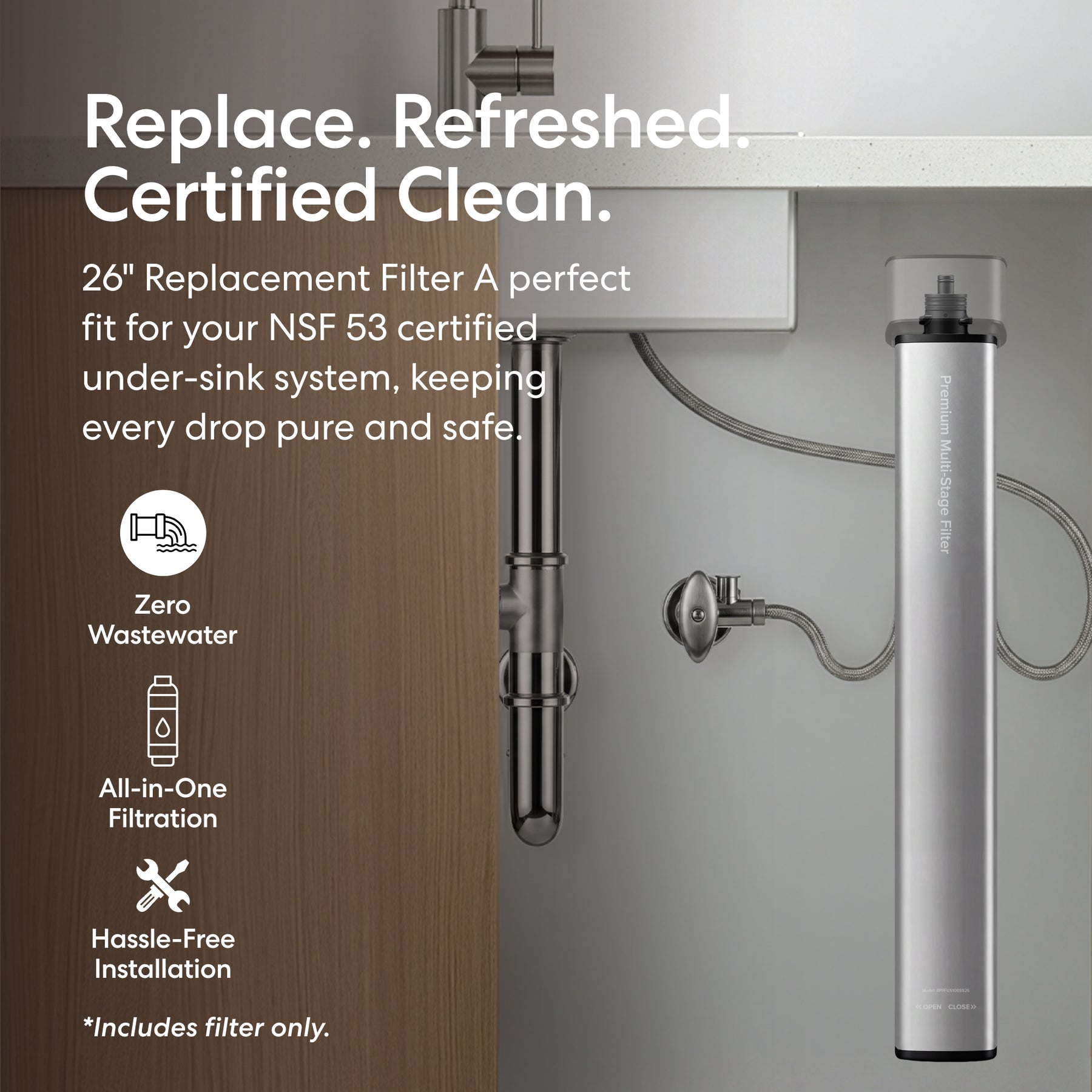 A sleek 26" Premium Under Sink Filter (1950 Gal. Capacity) installed, with text highlighting features: zero wastewater, all-in-one filtration, hassle-free installation, and effective PFAS reduction. This advanced system is NSF 53 certified and fully compatible with existing setups for clean, safe drinking water.