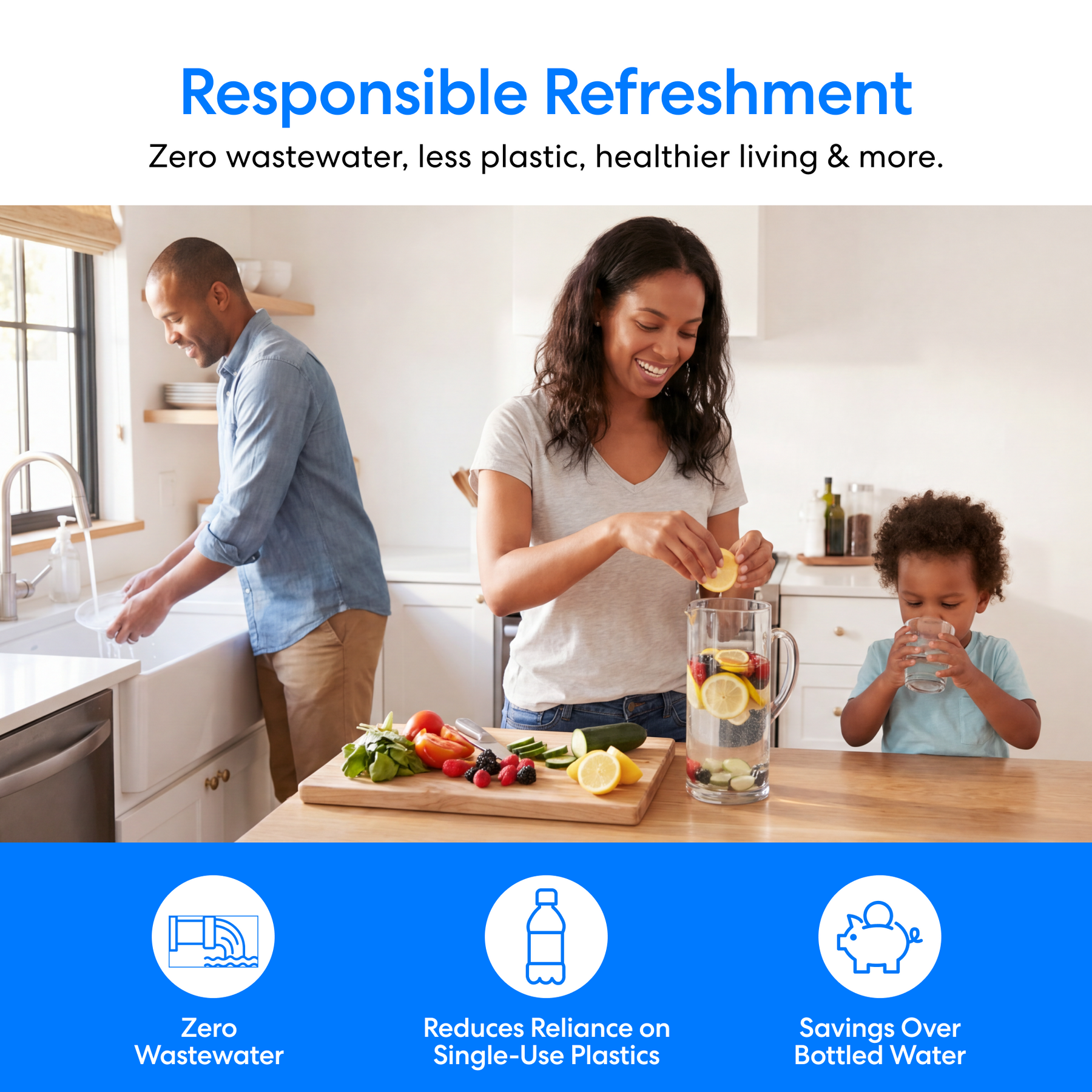 In a bright kitchen, a family prepares fruit-infused water. The man washes dishes while the woman slices fresh fruit, and their child enjoys a glass of water filtered by the 26" Premium Under Sink Filter – 1950 Gal. Capacity. This NSF 53 certified filter reduces PFAS, produces zero wastewater, helps cut down on plastic use, and offers significant savings compared to bottled water.