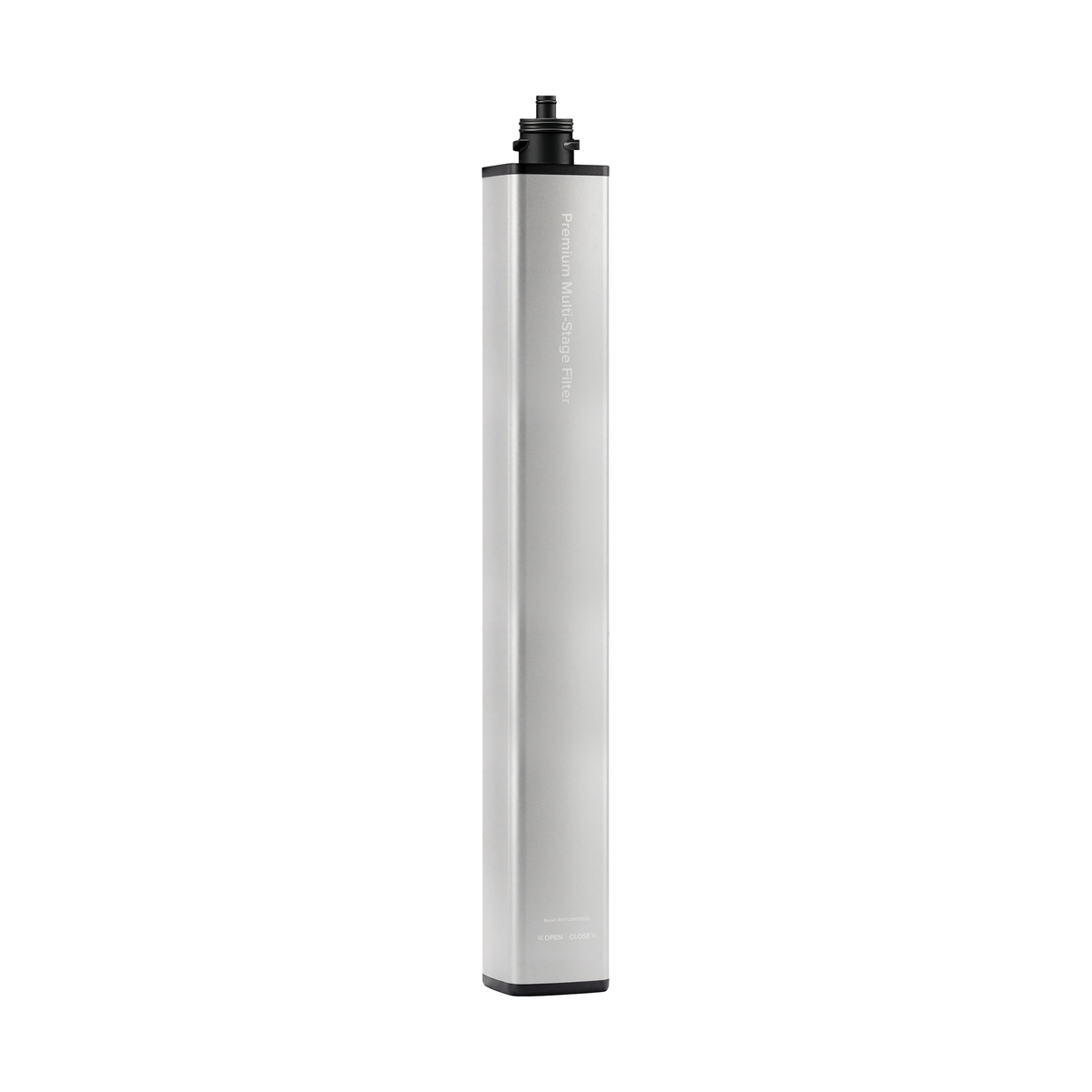 A tall, rectangular, silver 26″ Premium Under Sink Filter with black end caps stands upright against a white background. The top is fitted with a small nozzle or connector—engineered as an NSF certified water filter for under sink systems, this cartridge offers reliable PFAS reduction and delivers up to 1950 gallons of cleaner drinking water.