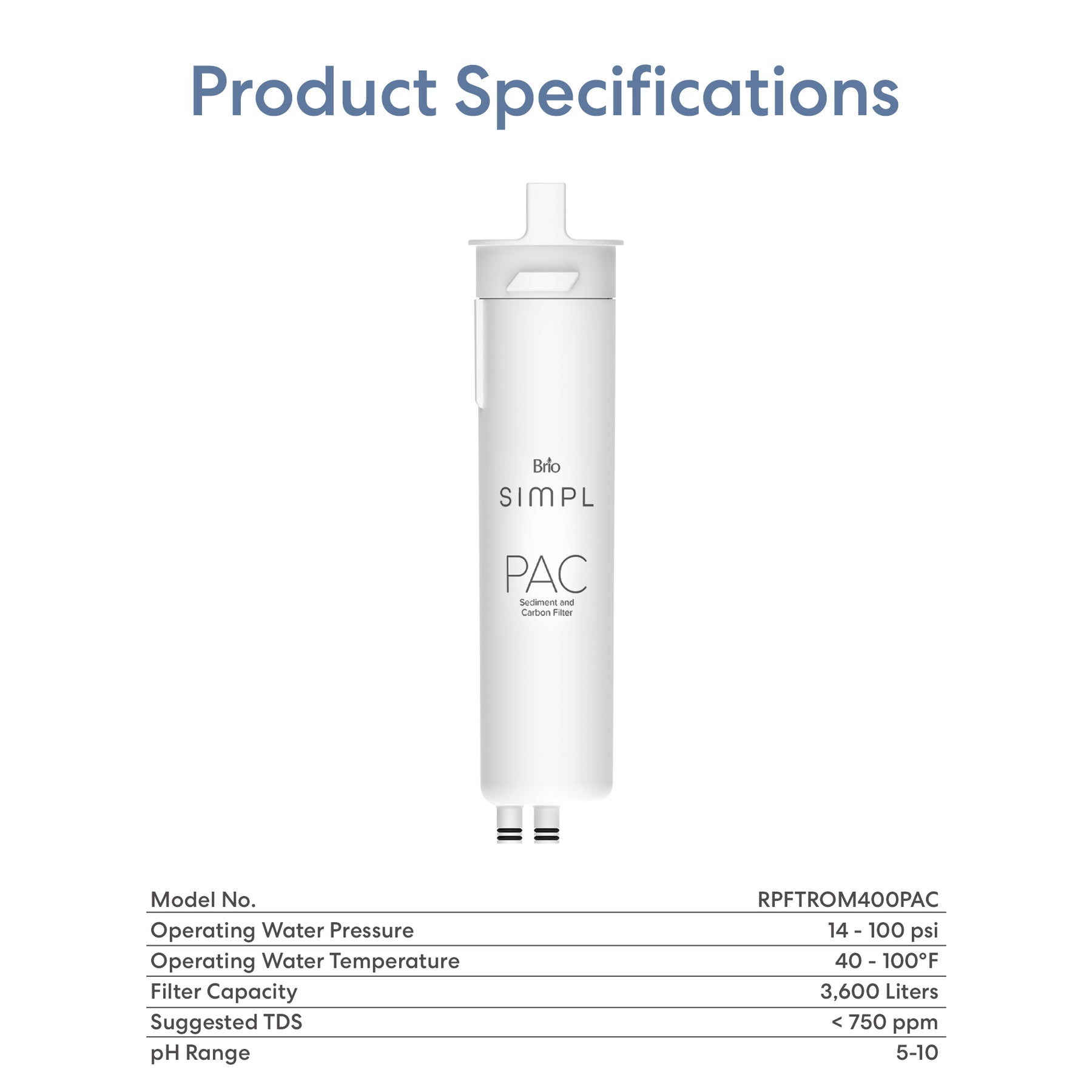 A white SIMPL PAC Sediment Filter (TROM400STD) is shown vertically. Its specs—water pressure, temperature, filter capacity, TDS, and pH range—are displayed below the 3-in-1 water filter cartridge.