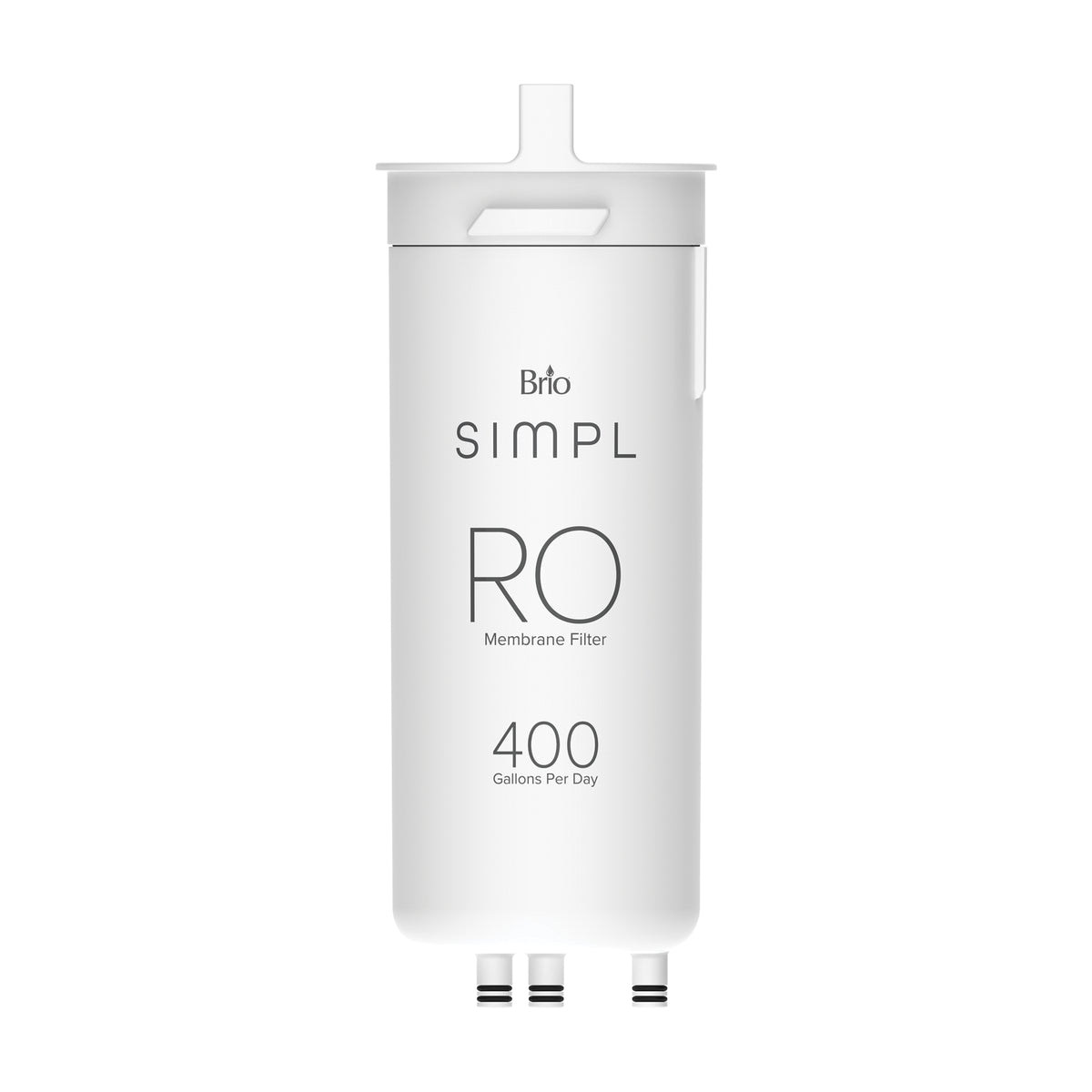 The SIMPL Reverse Osmosis Membrane 400GPD - TROM400STD is a white filter with “400 Gallons Per Day” printed on it, featuring a top handle and three bottom connectors, designed for use in any reverse osmosis water filtration system.