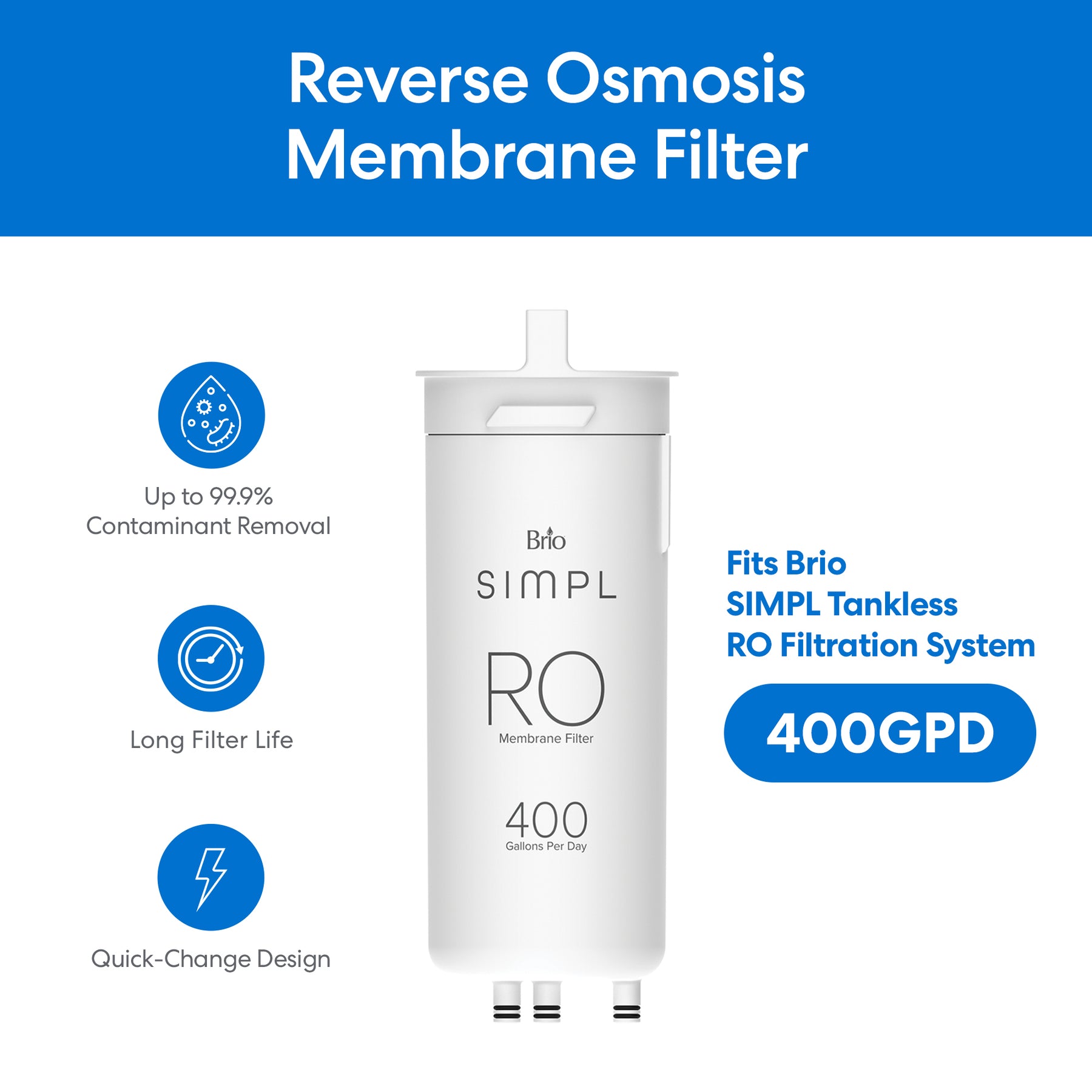 The SIMPL Reverse Osmosis Membrane 400GPD - TROM400STD offers up to 99.9% contaminant removal, long-lasting filter life, and a quick-change design for efficient filtration in tankless water systems.