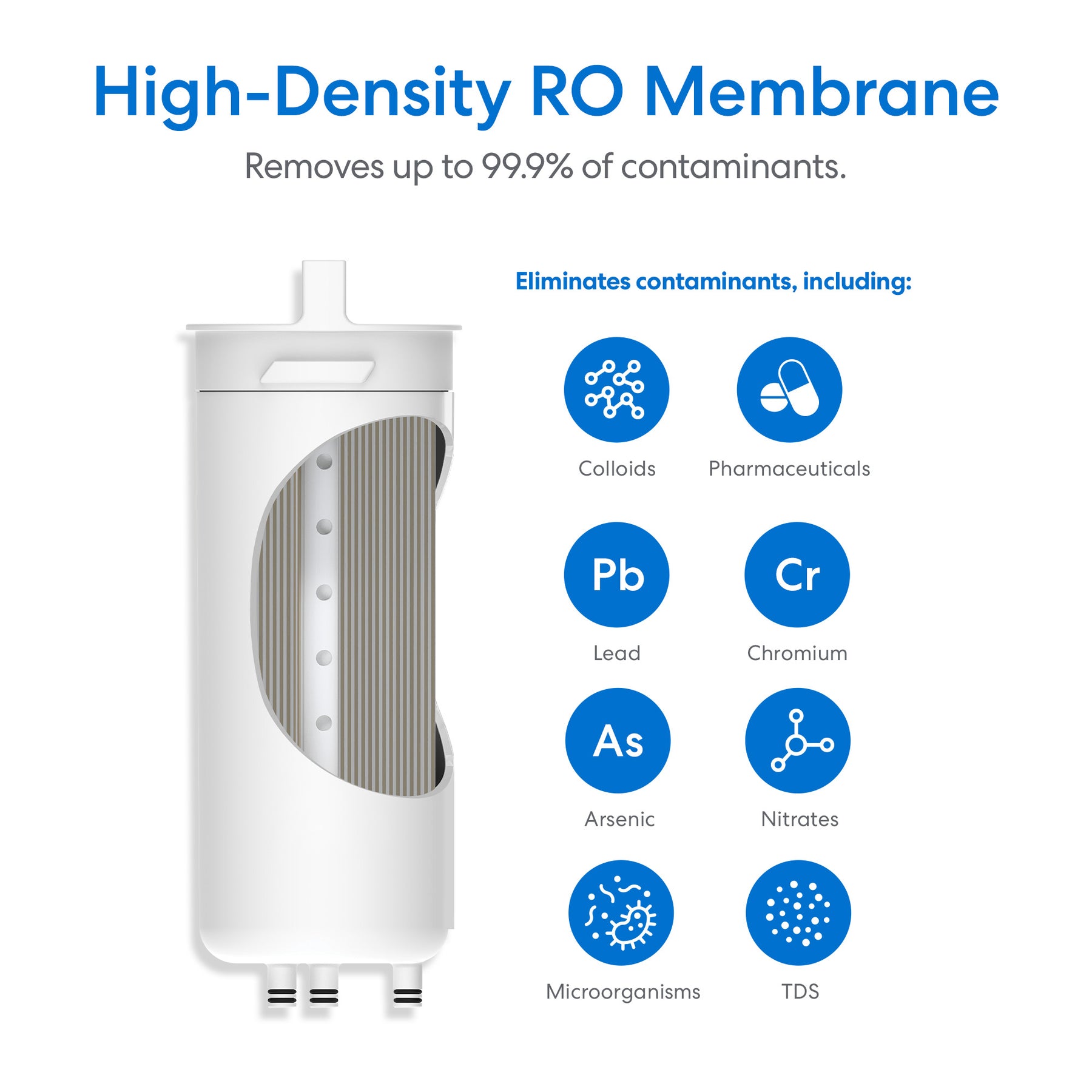 Diagram of the SIMPL Reverse Osmosis Membrane 400GPD - TROM400STD showing it removes up to 99.9% of contaminants, including colloids, pharmaceuticals, lead, chromium, arsenic, nitrates, microorganisms, and TDS.