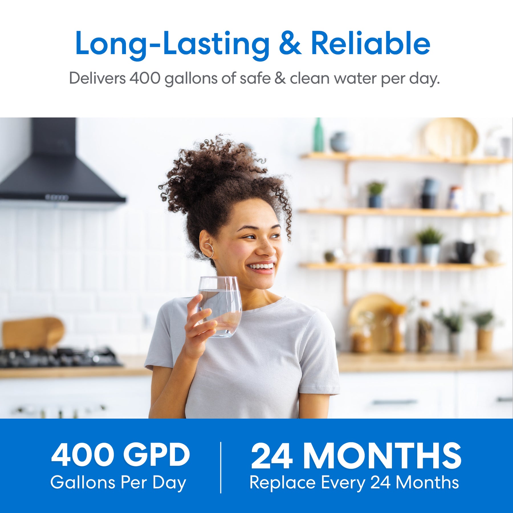 A smiling woman in a bright kitchen holds a glass of water. Text: SIMPL Reverse Osmosis Membrane 400GPD (TROM400STD) delivers safe, clean water. Long-lasting filtration—replace every 24 months for reliable performance.