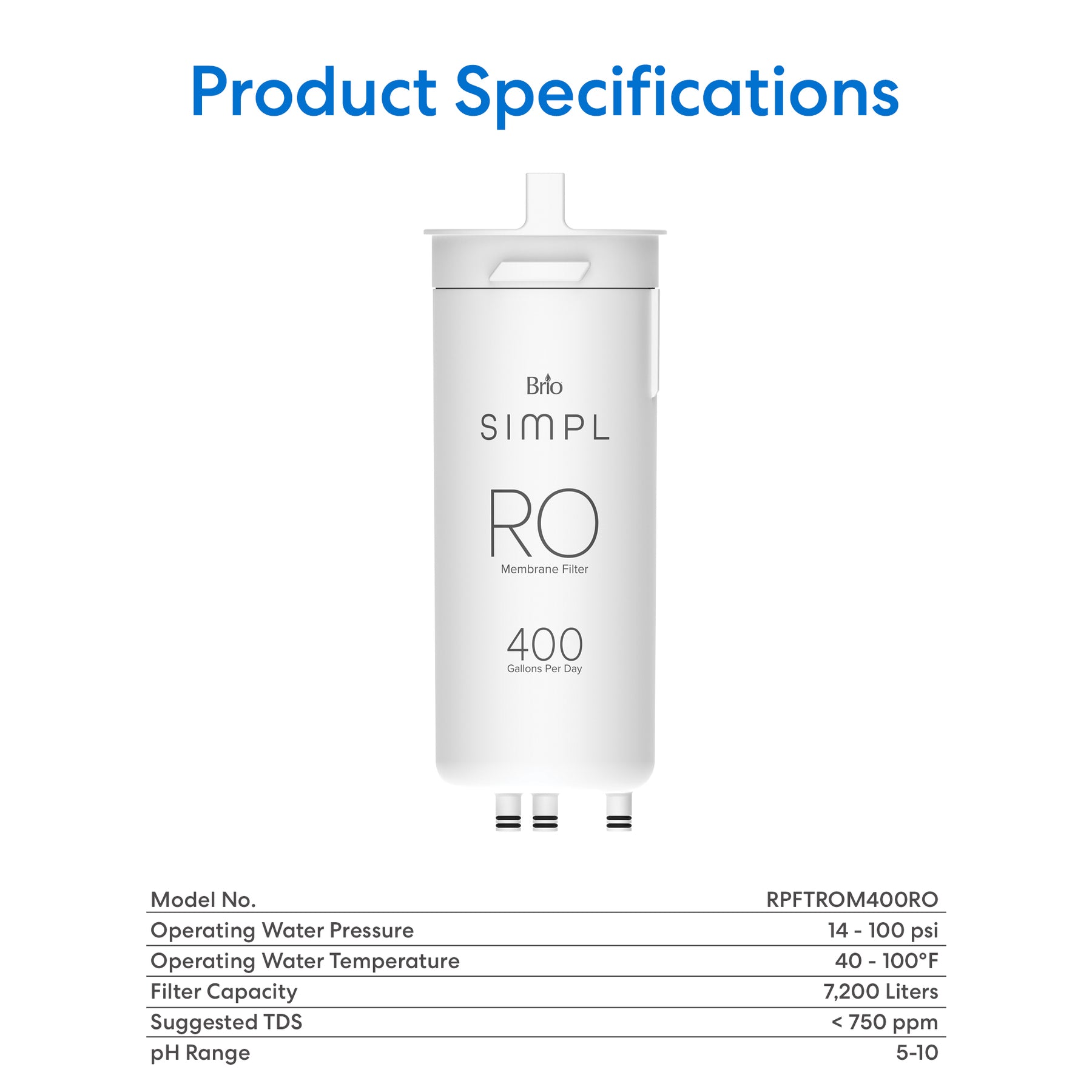 A white cylindrical SIMPL Reverse Osmosis Membrane 400GPD - TROM400STD is shown above a table listing specs: Model RPTFROM400RO, 14-100 psi pressure, 40-100°F temp, 7,200L capacity, and pH range 5-10.
