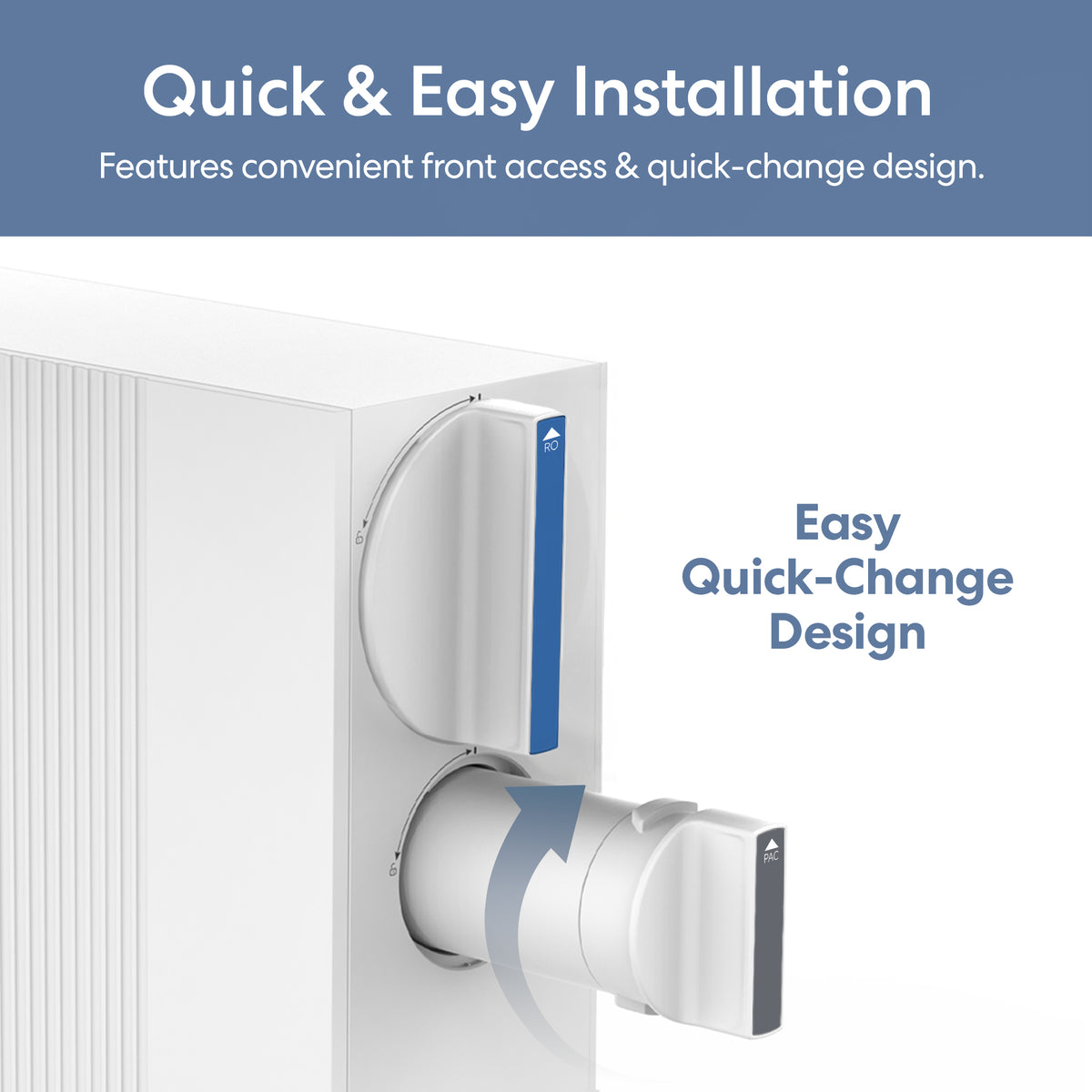 The SIMPL PAC Sediment Filter (TROM600STD, TROM800STD) features a white design with a blue-accented front and a cylindrical 3-in-1 filter for quick & easy installation and an easy quick-change design, shown being simply inserted or removed.