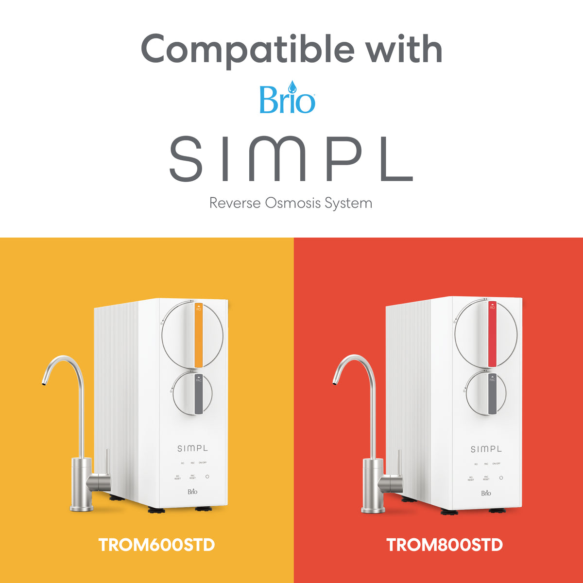 The SIMPL PAC Sediment Filters for TROM600STD and TROM800STD are shown—one on yellow and one on orange background—both compatible with the Brio SIMPL Reverse Osmosis System.