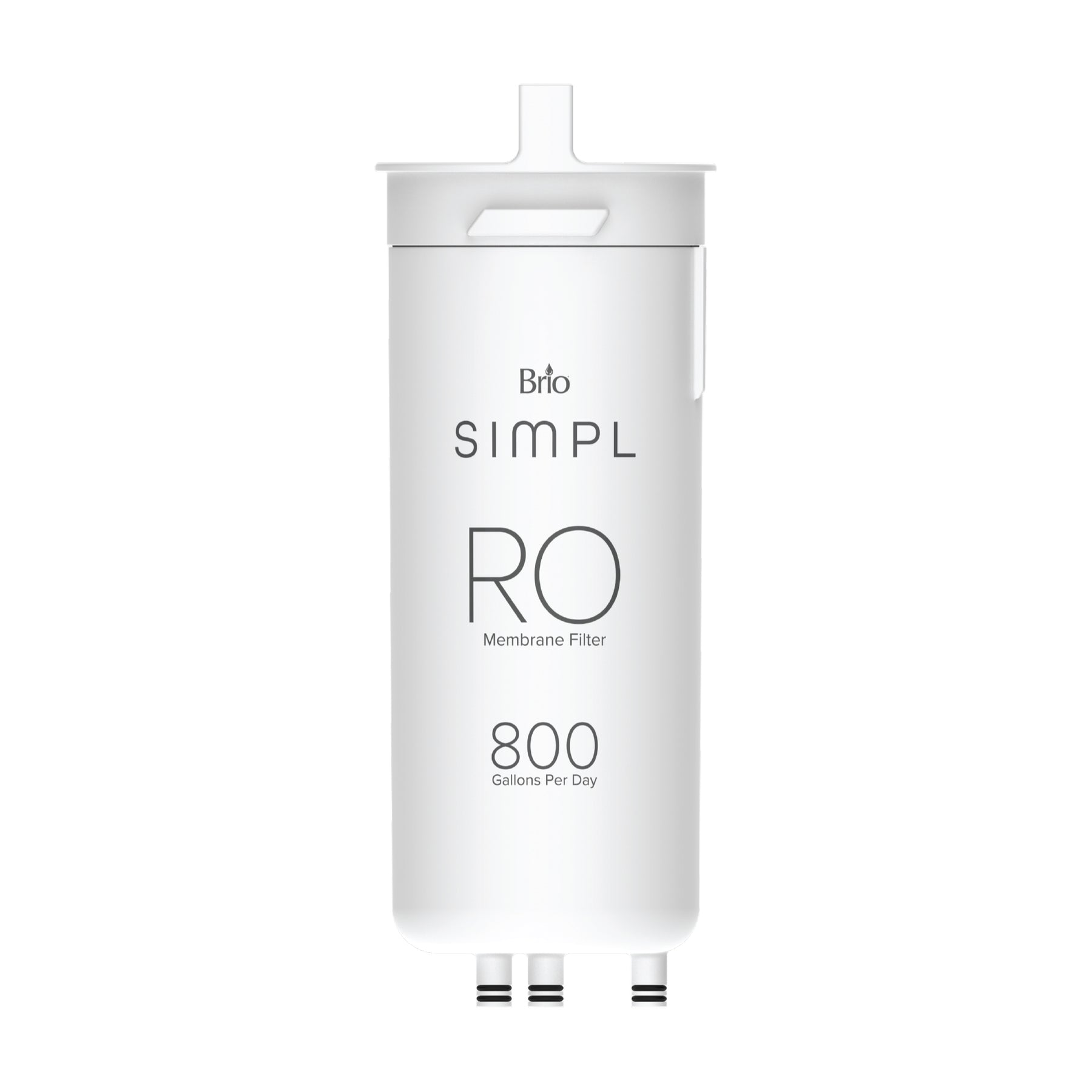 A white cylindrical SIMPL Reverse Osmosis Membrane 800GPD - TROM800STD filter cartridge for water filtration, labeled RO Membrane Filter, with connectors at the bottom and a handle at the top.