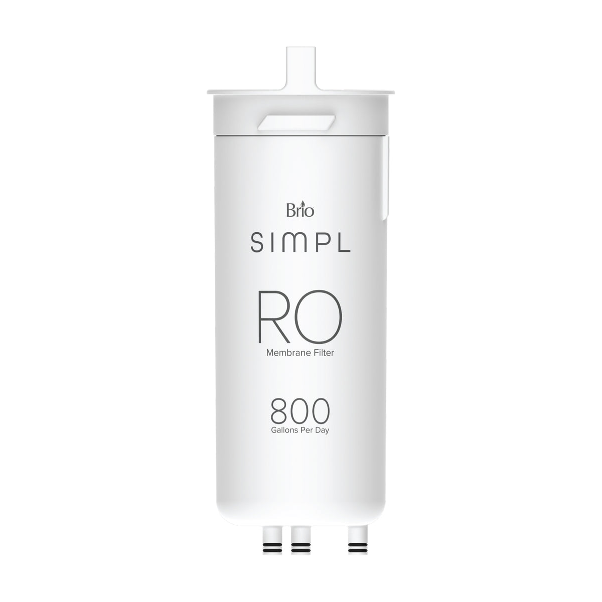 A white cylindrical SIMPL Reverse Osmosis Membrane 800GPD - TROM800STD filter cartridge for water filtration, labeled RO Membrane Filter, with connectors at the bottom and a handle at the top.