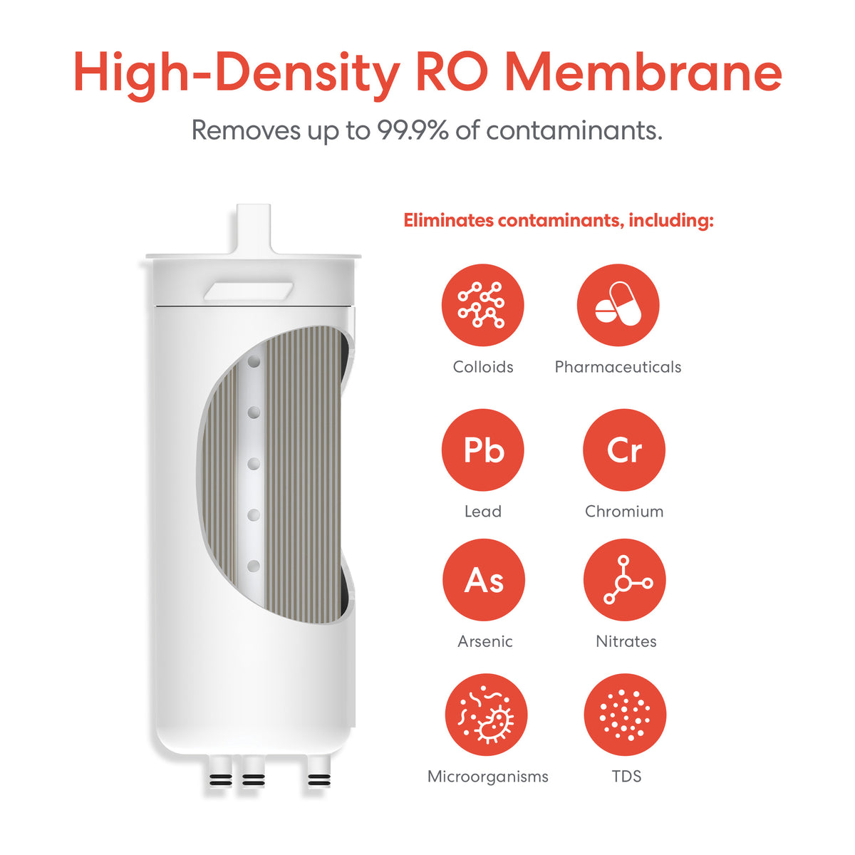 The SIMPL Reverse Osmosis Membrane 800GPD - TROM800STD features advanced filtration, removing up to 99.9% of contaminants such as colloids, pharmaceuticals, lead, chromium, arsenic, nitrates, microorganisms, and TDS.